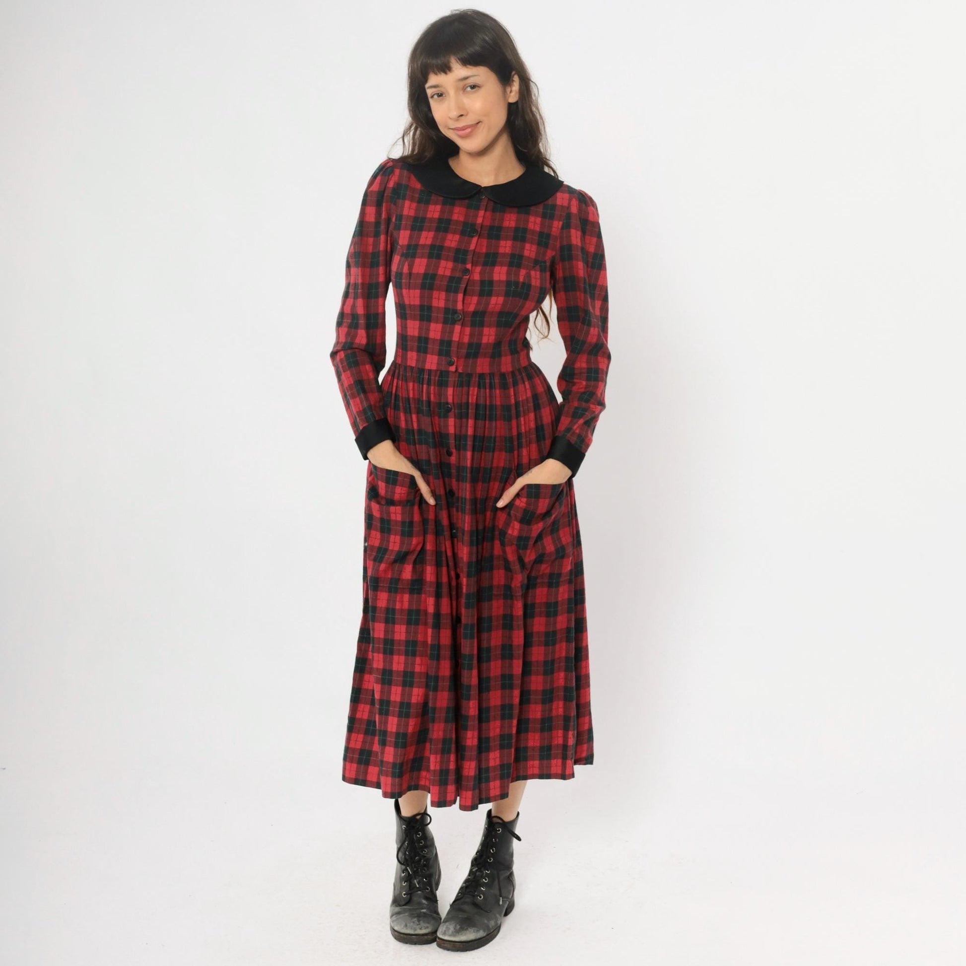 90s St Simon Red Black Plaid Midi Dress Peter Pan Collar Small S