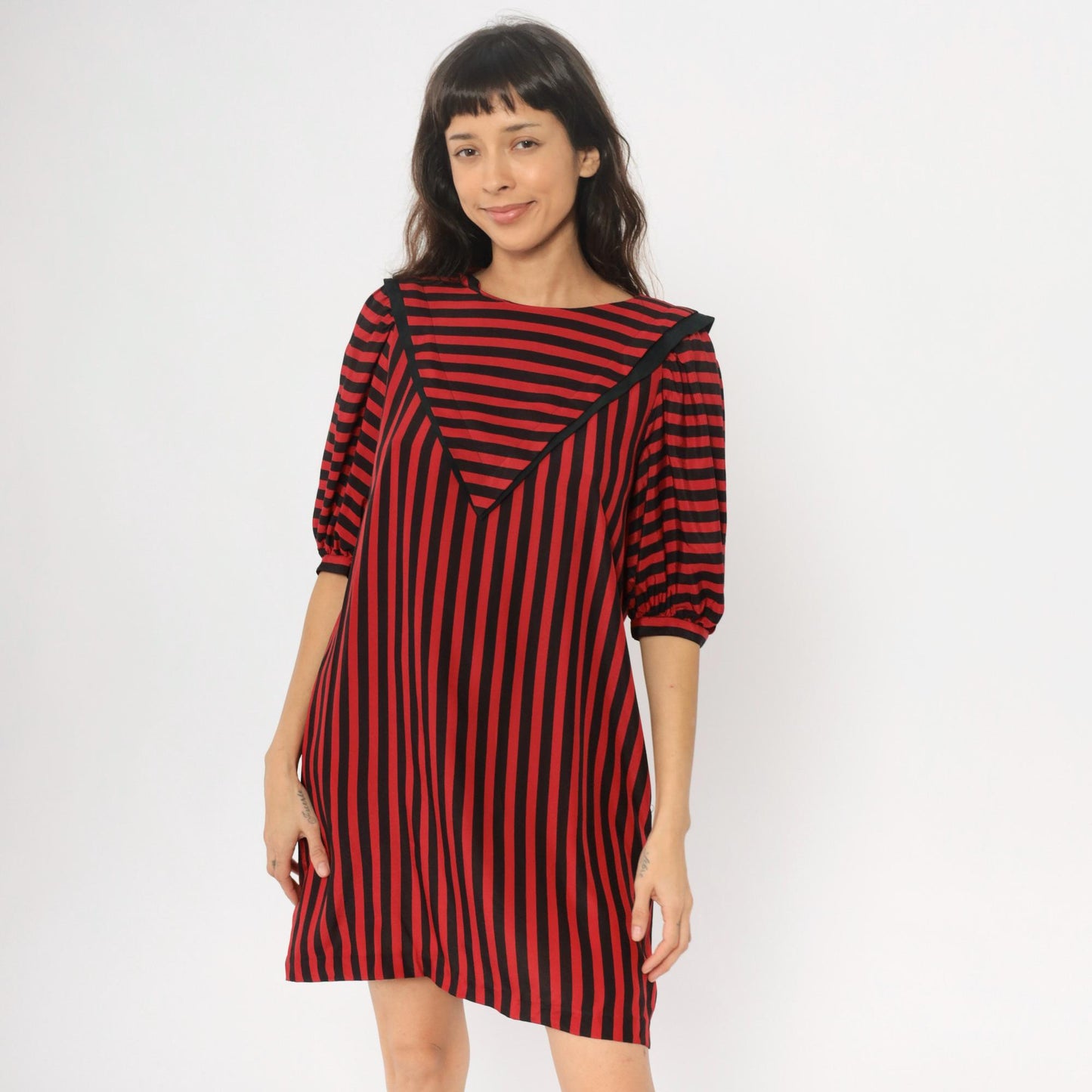90s Liz Claiborne Striped Shift Dress Red Black Puff Sleeves Medium M