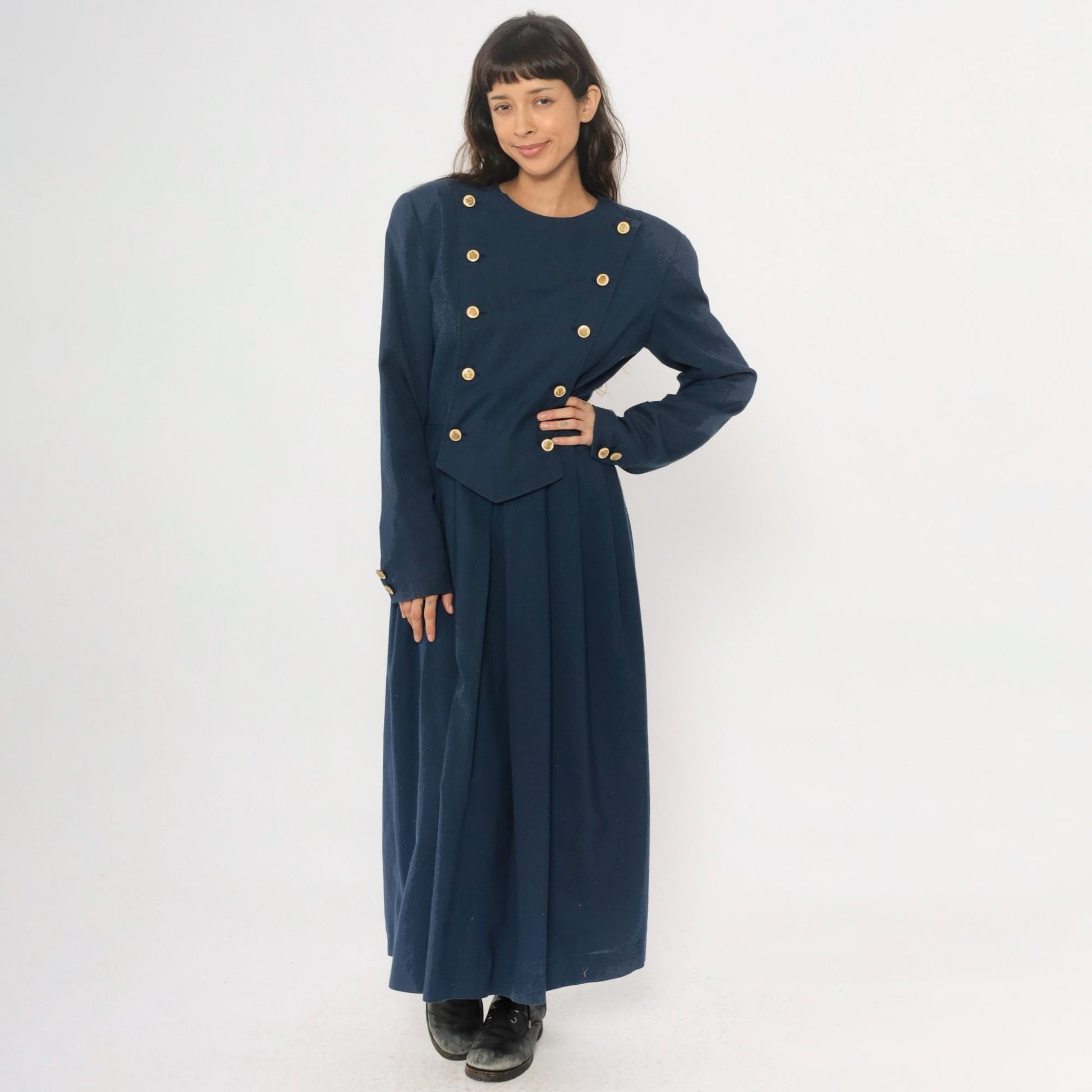 80s Navy Military Double-Breasted Maxi Dress Gold Buttons Large L