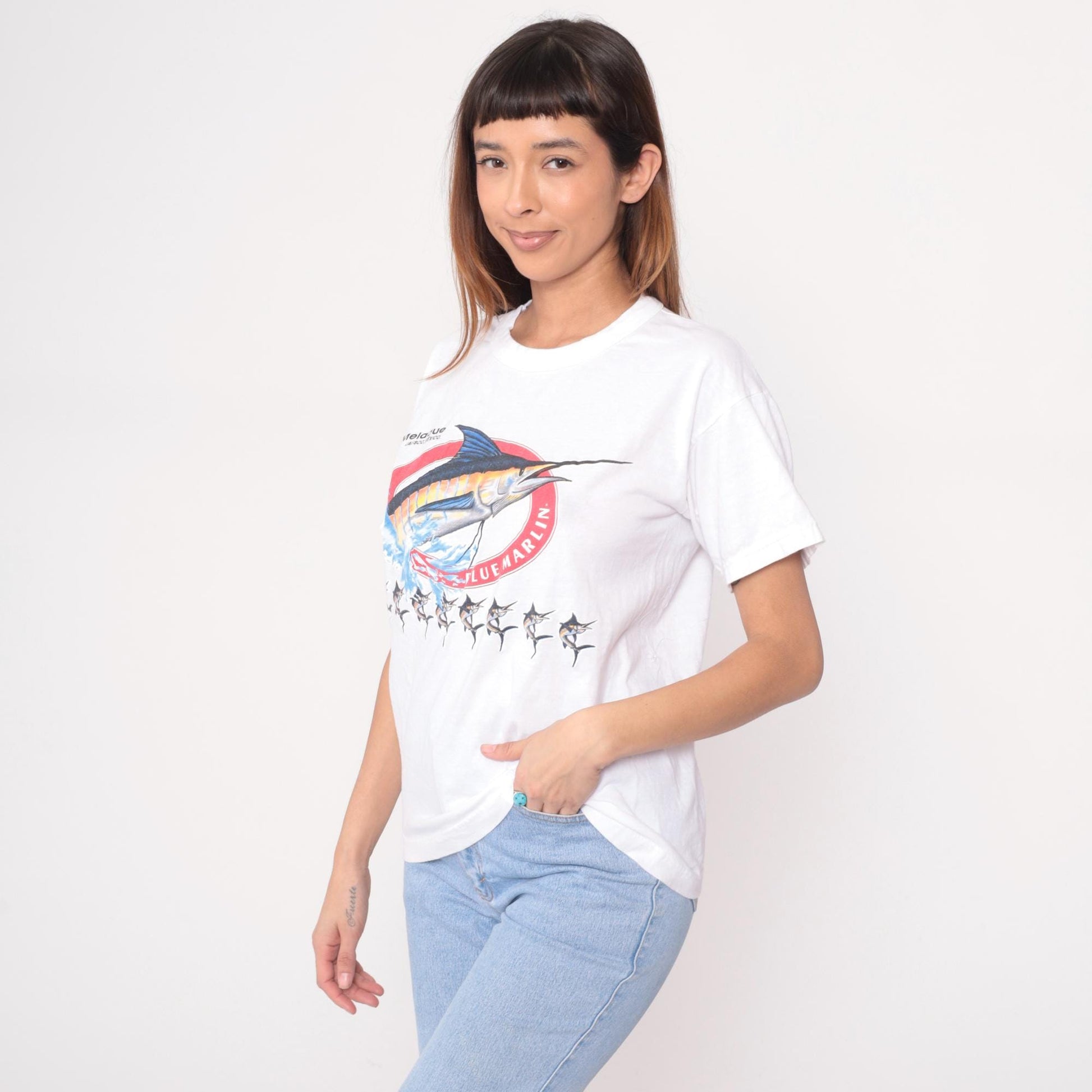 Y2K Blue Marlin Swordfish Graphic Tee Jalisco Mexico White Crew Neck Medium