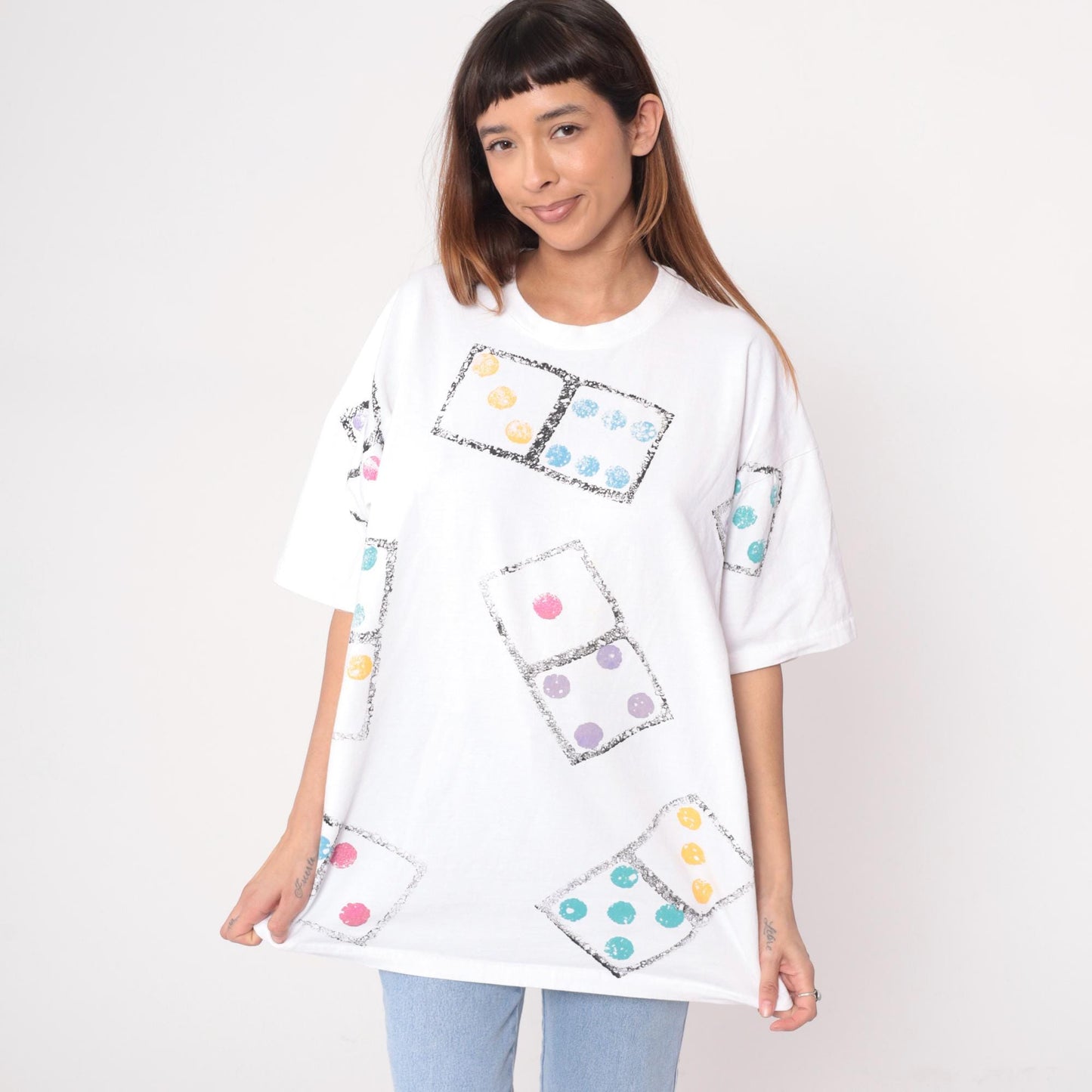 90s Dice Print Cotton T-Shirt White Graphic Tee Colorful Dots Large L