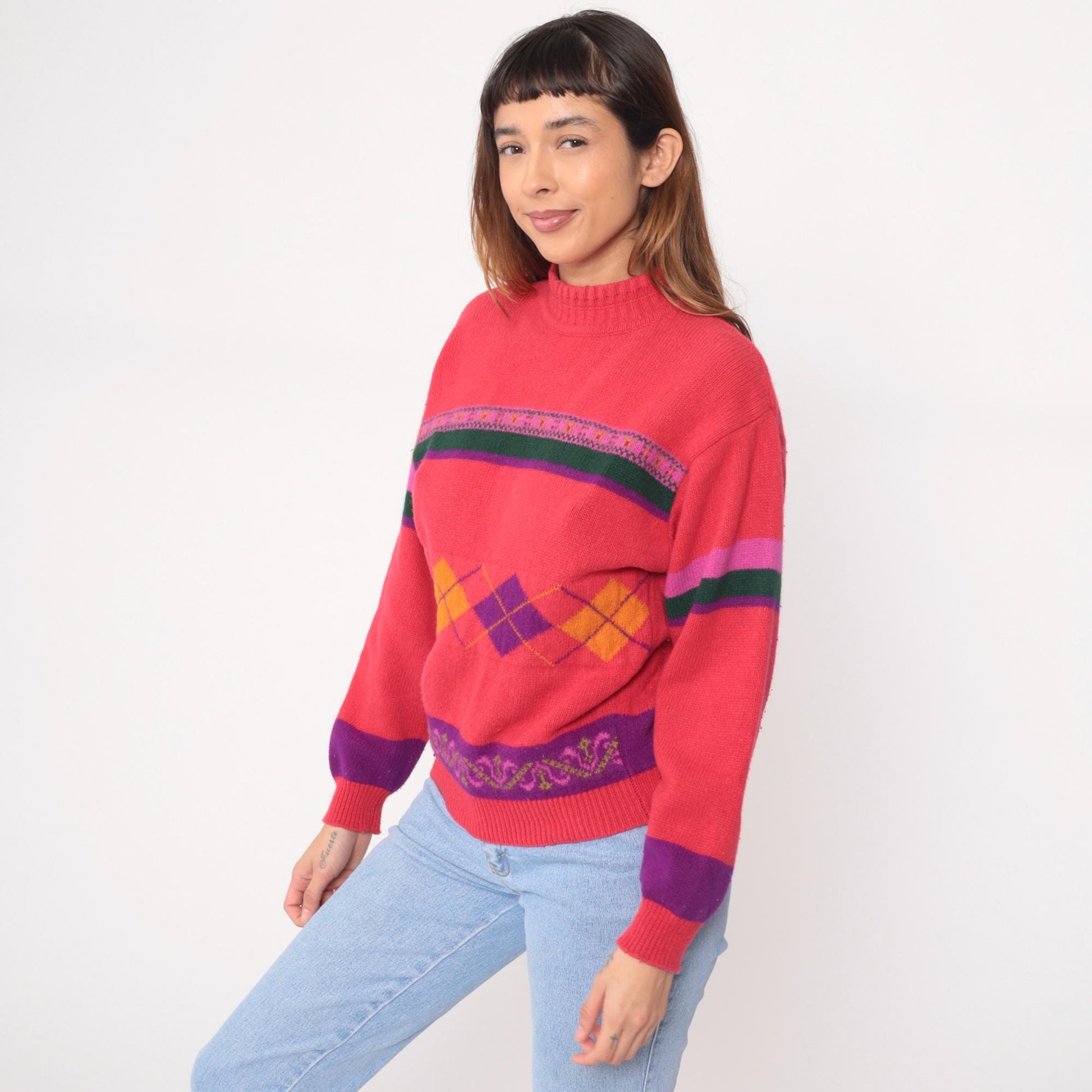 80s United Colors of Benetton Argyle Mock Neck Sweater Coral Pink Small S