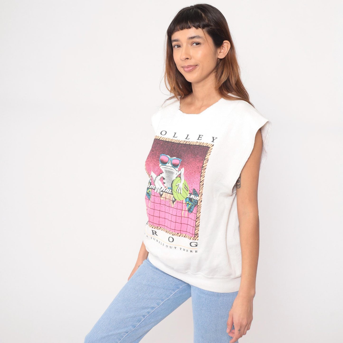 90s Volley Frog Sleeveless Graphic Tee Cream Cotton Crew Neck Large L