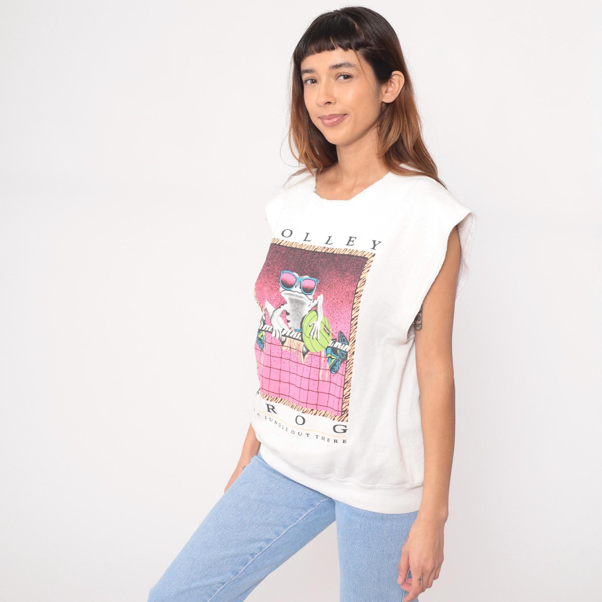 90s Volley Frog Sleeveless Graphic Tee Cream Cotton Crew Neck Large L