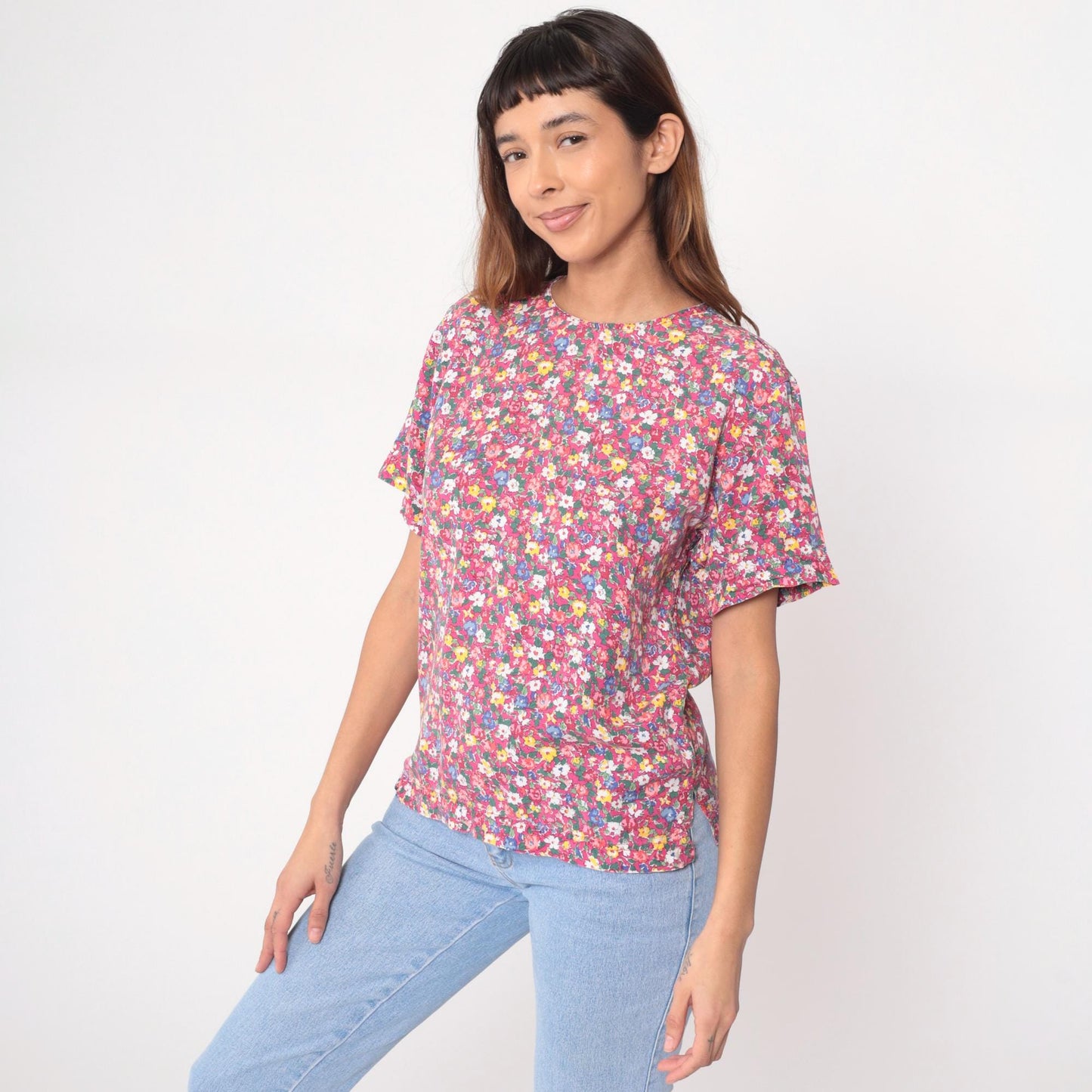 90s Liz Sport Petites Floral Blouse Pink Yellow Blue Rayon Short Sleeve Small S
