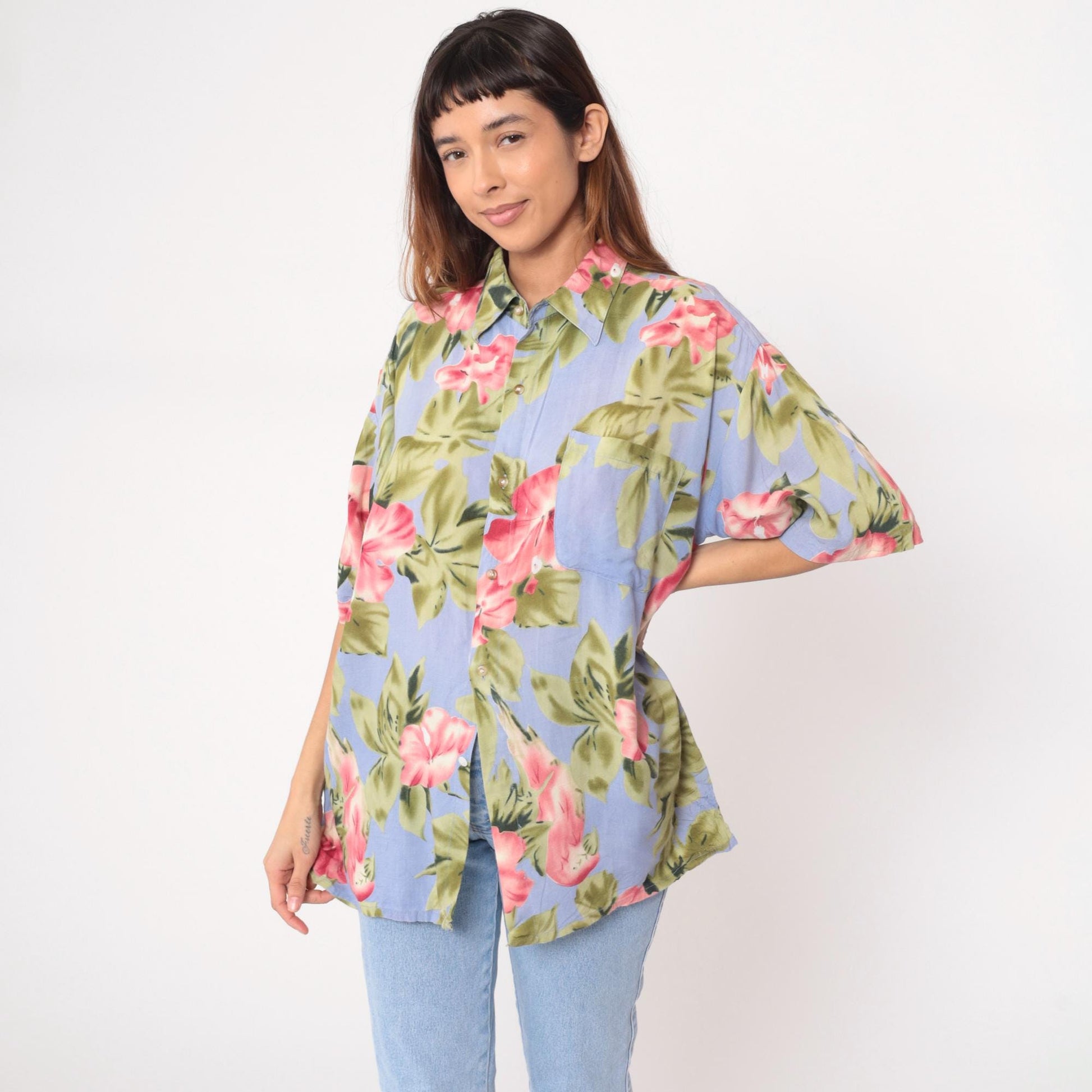 Y2K Floral Hawaiian Shirt Light Blue Pink Tropical Button-Up Large L