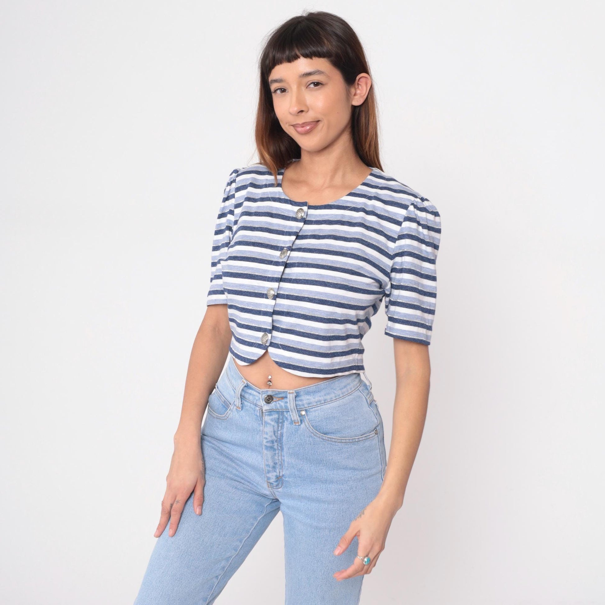 80s Striped Crop Top Puff Sleeve Button Front Navy Blue White Medium