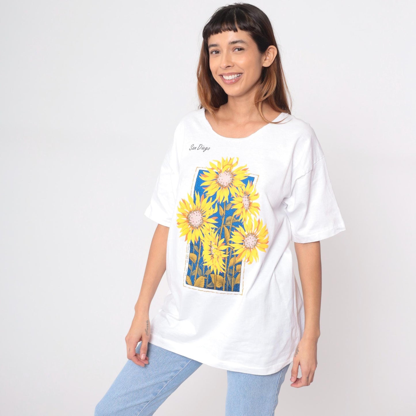 90s San Diego Sunflower Graphic Tee White Cotton T Shirt Large L