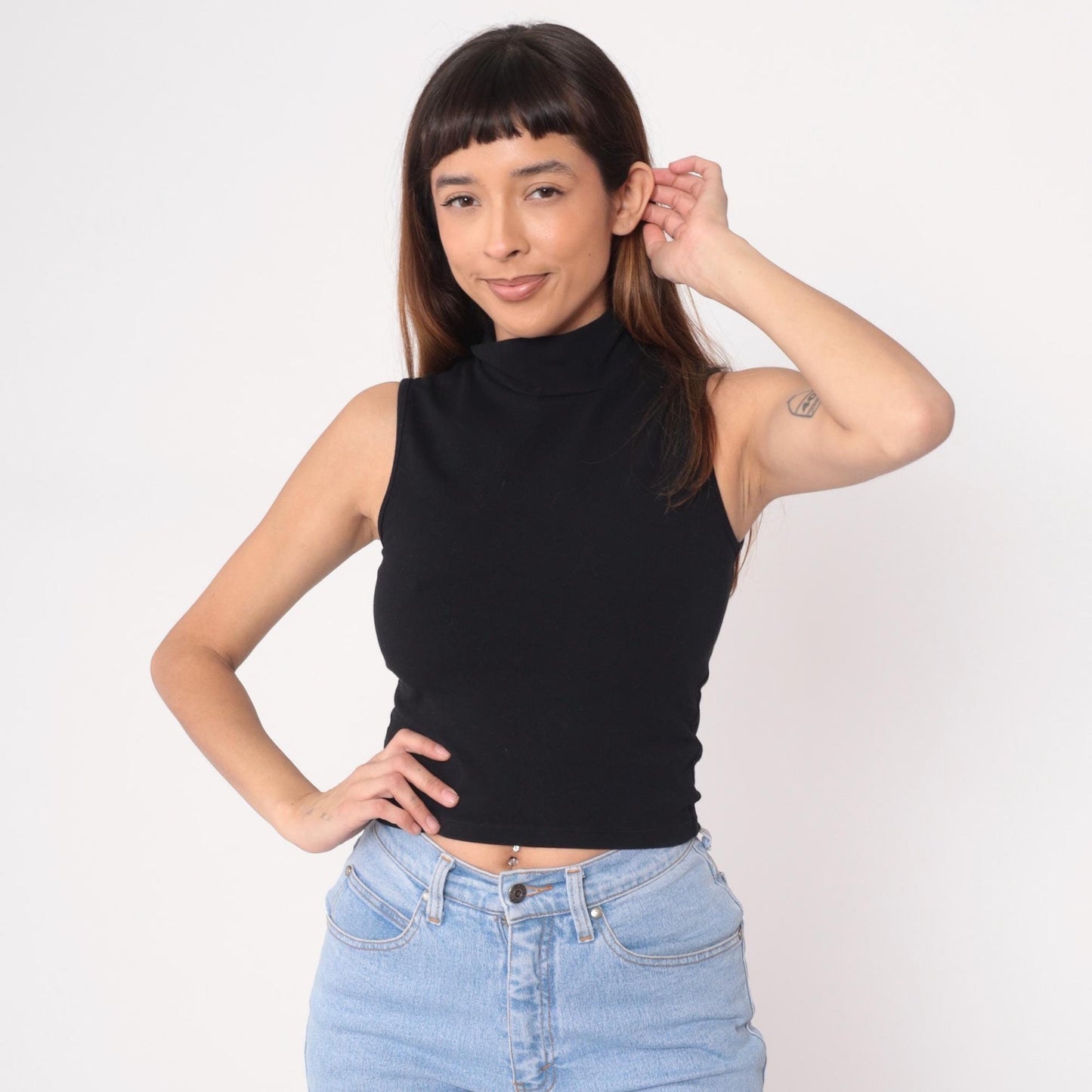 90s Black Sleeveless Mock Turtleneck Crop Top Cotton Knit Small