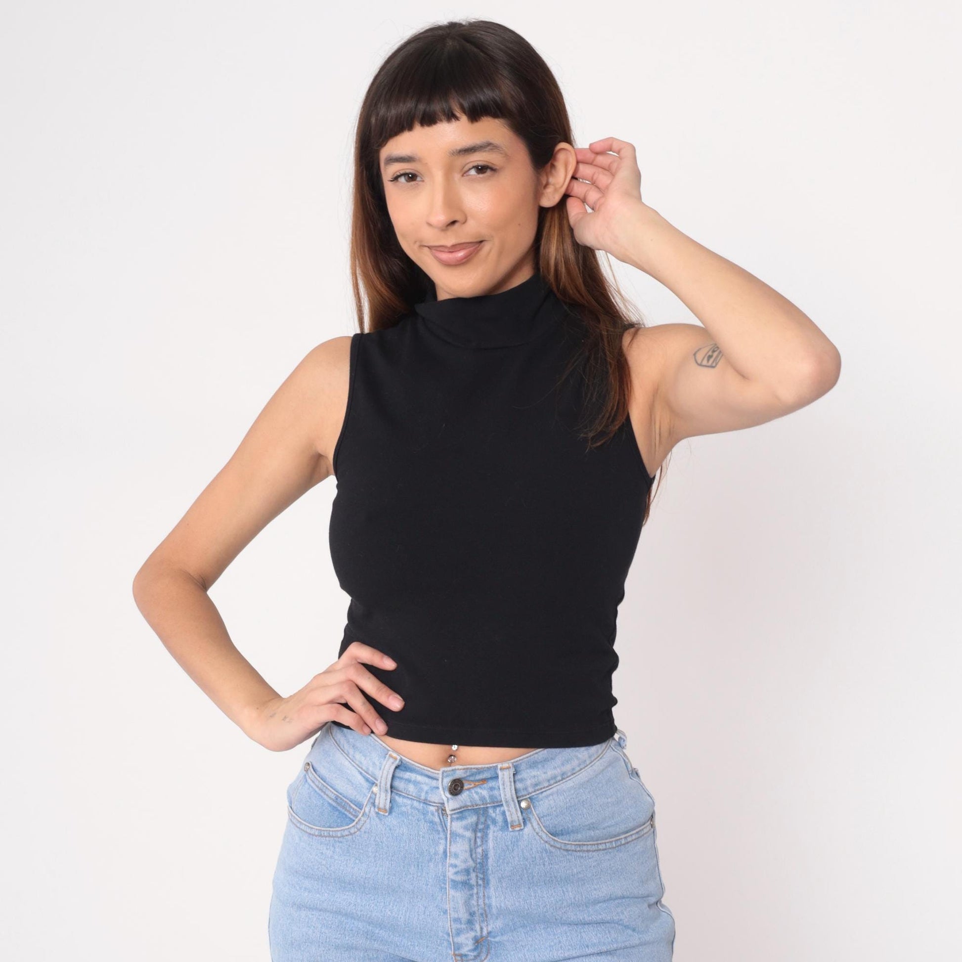 90s Black Sleeveless Mock Turtleneck Crop Top Cotton Knit Small