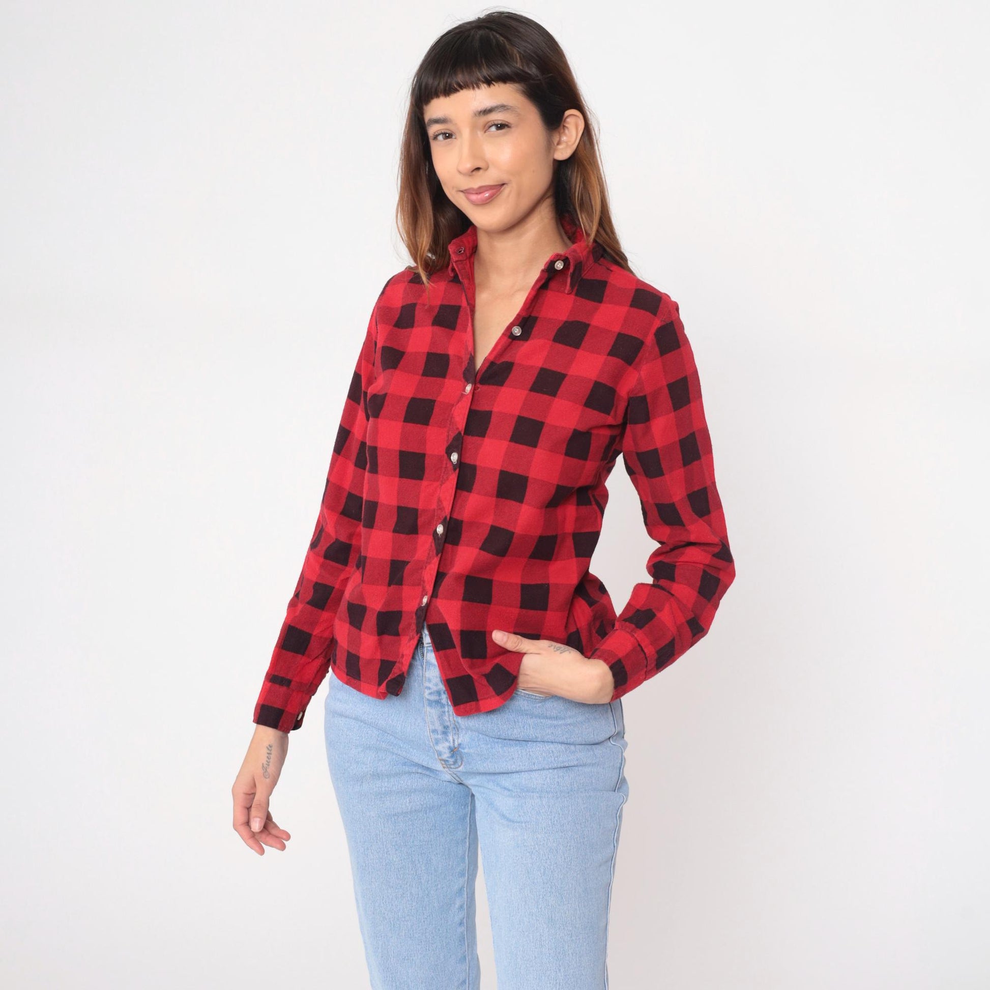 90s Red Buffalo Plaid Flannel Shirt Cotton Button-Up XS