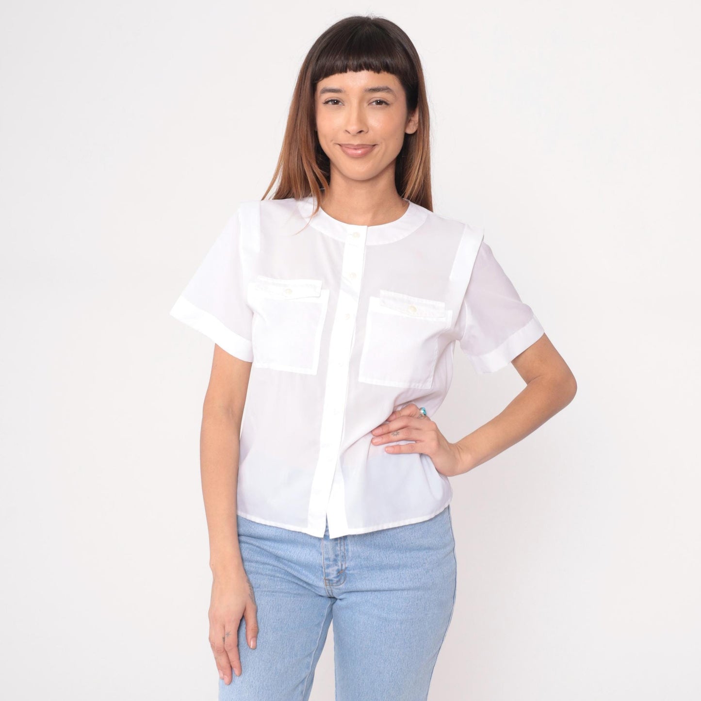80s White Peter Pan Collar Button-Up Shirt Short Sleeve Medium