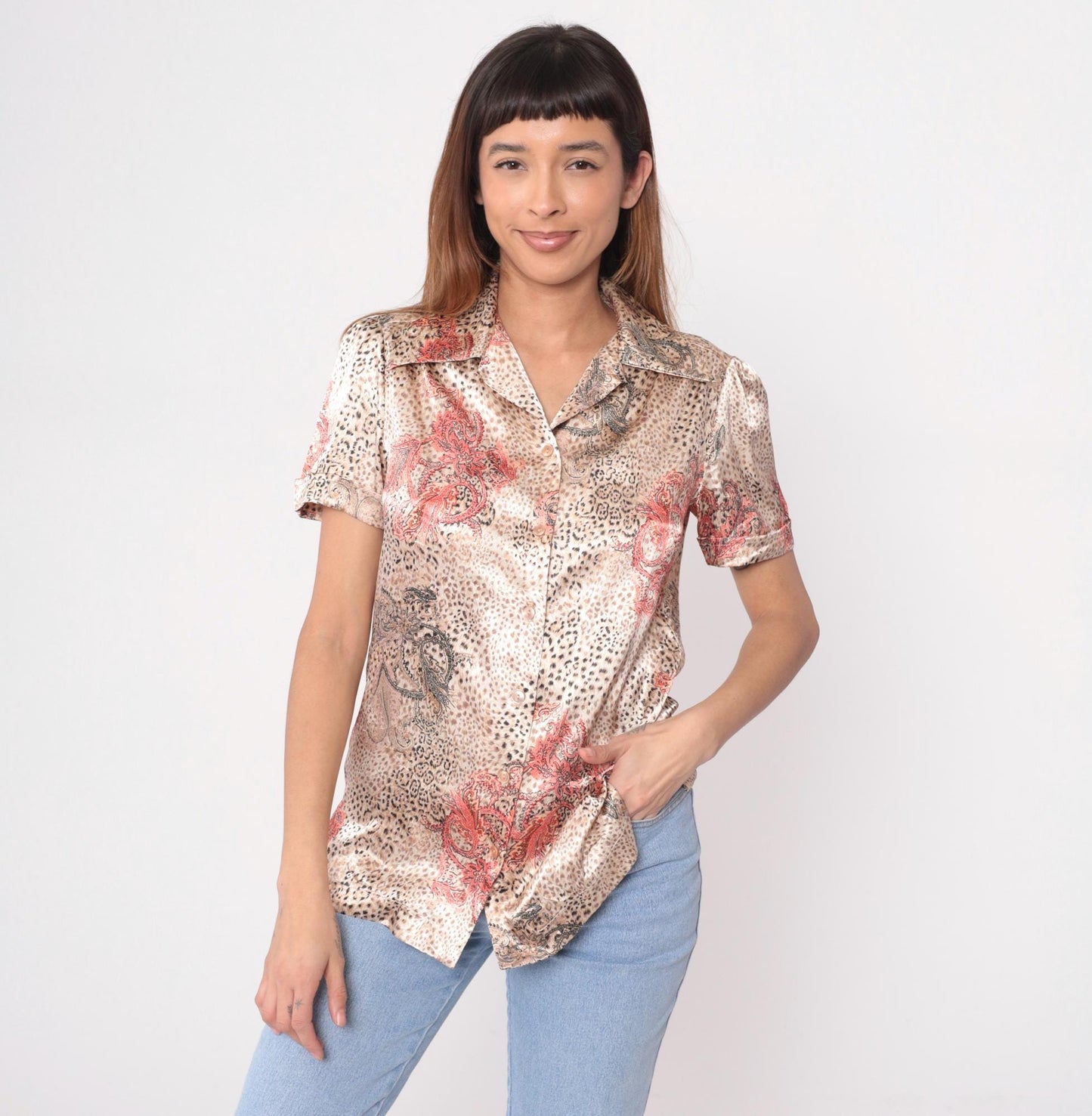80s Leopard Paisley Satin Blouse Coral Pink Brown Animal Print Collared Medium M