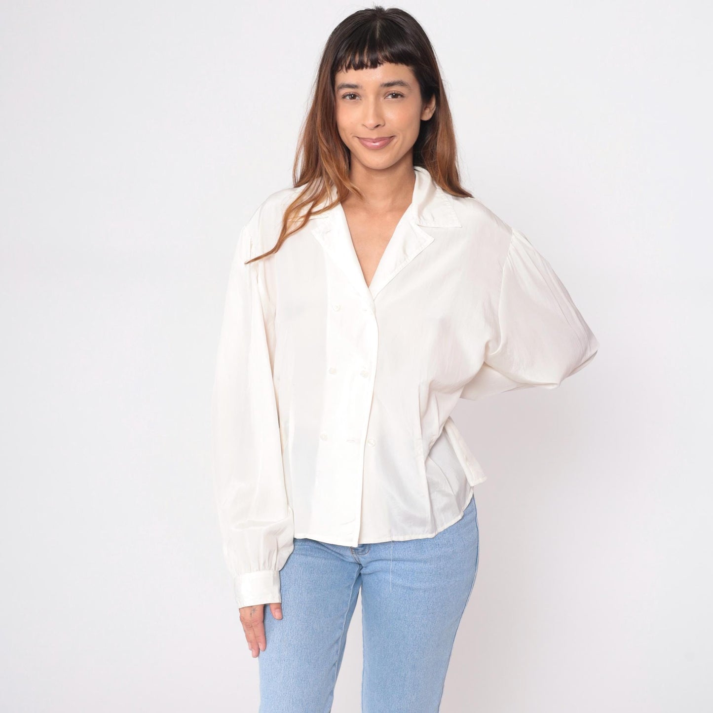 90s Alyssa Cream Button-Front Blouse Notched Collar Long Sleeve Large