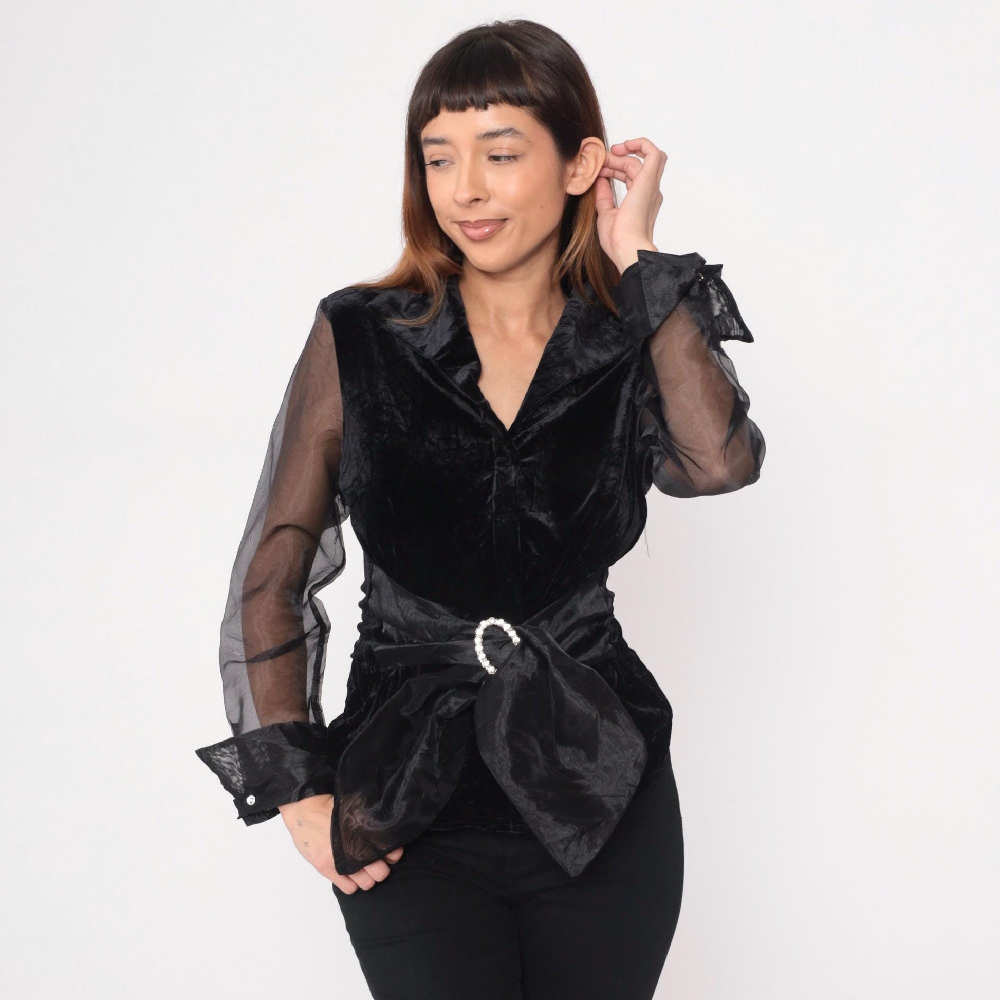 90s Black Crushed Velvet Blouse Sheer Organza Sleeves Tie Waist Medium