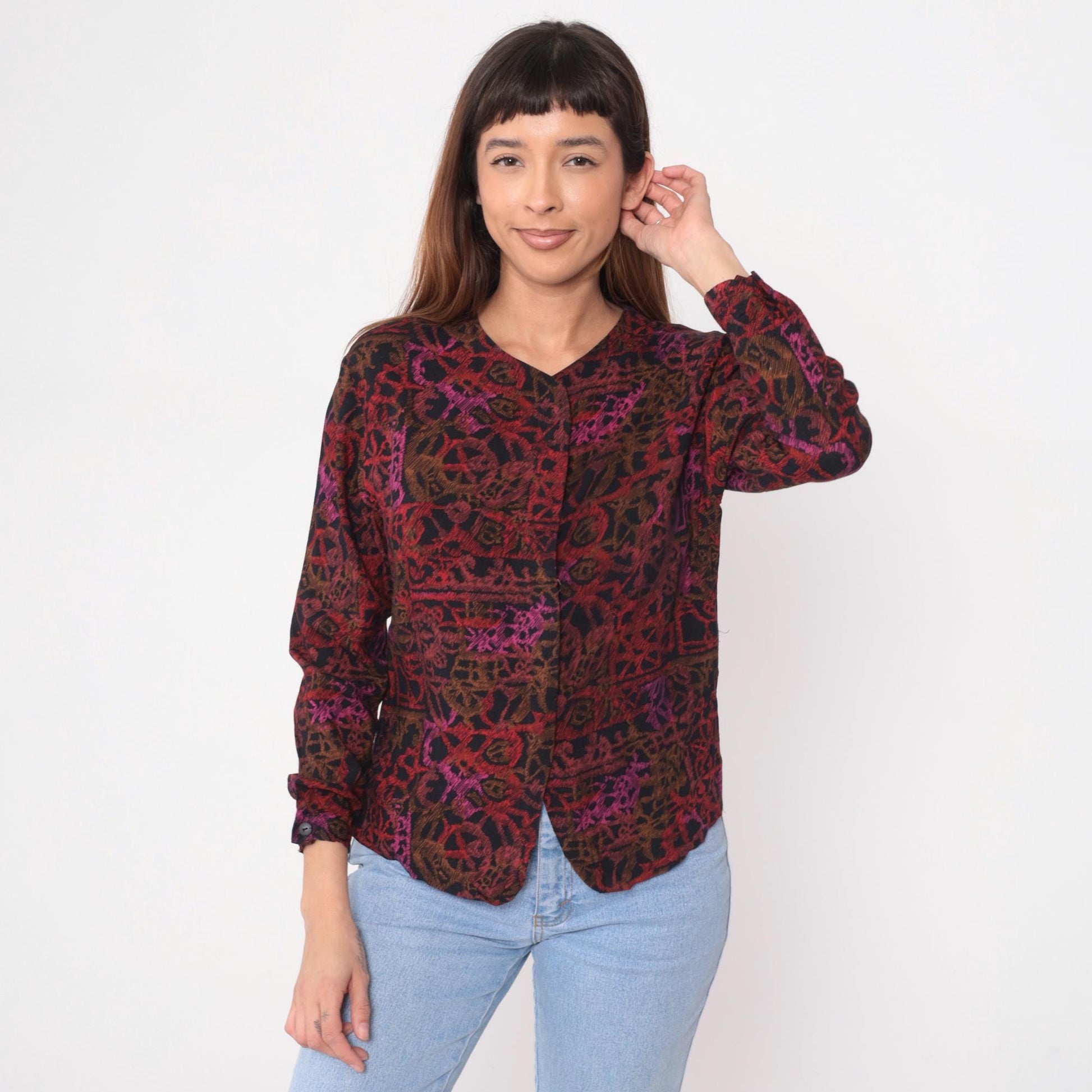 90s Melrose Sport Abstract Geometric Blouse V-Neck Burgundy Small S