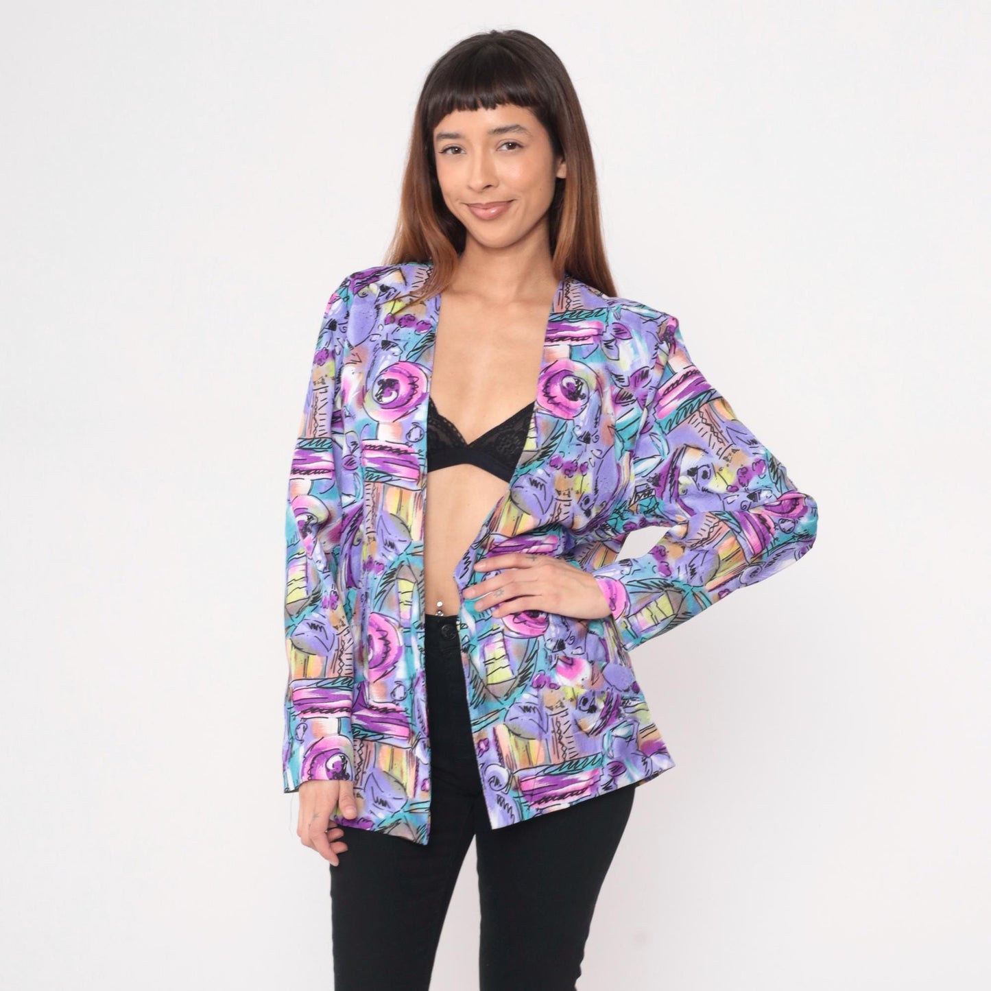 90s Joan Walters Purple Geometric Blazer Open Front Abstract Print Medium