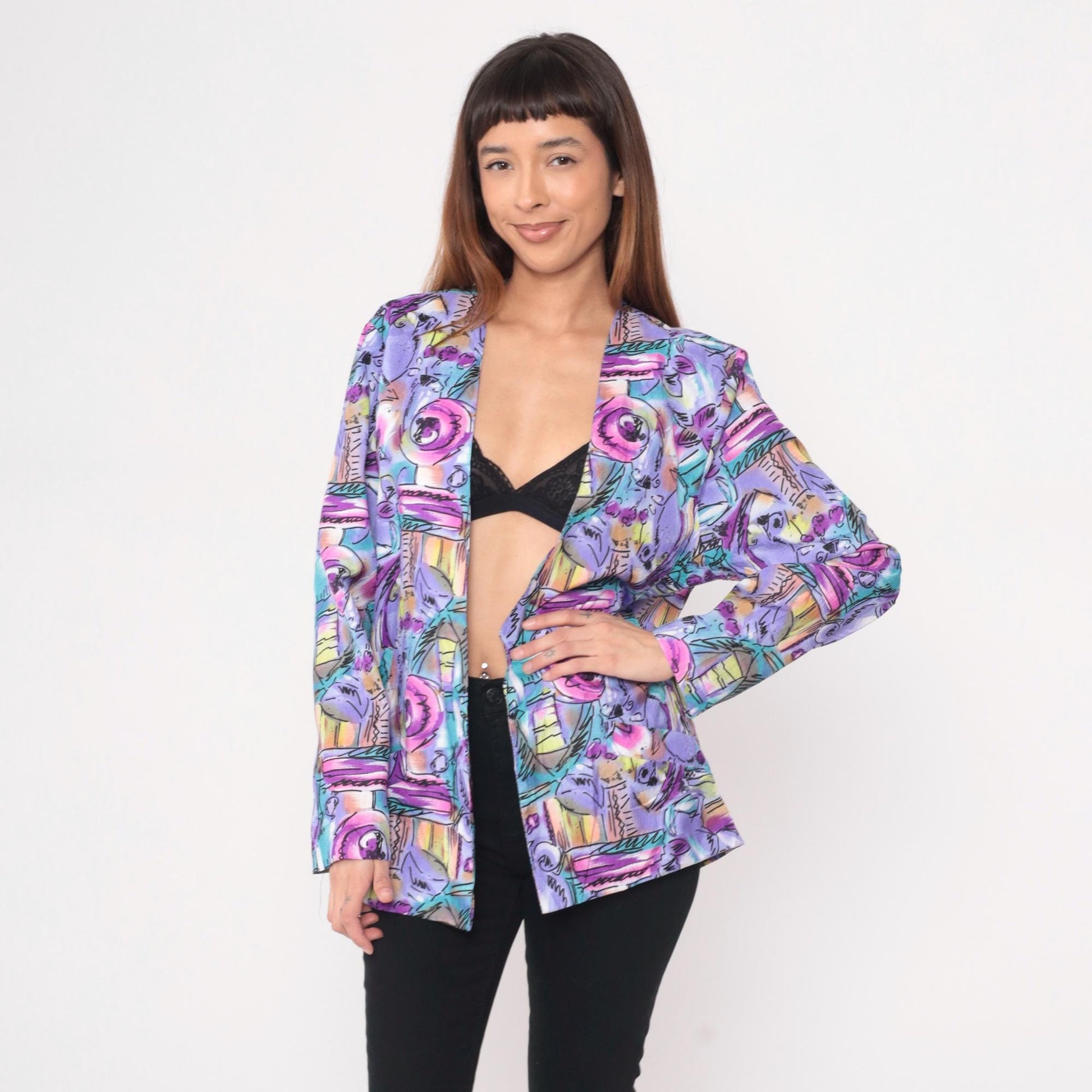 90s Joan Walters Purple Geometric Blazer Open Front Abstract Print Medium