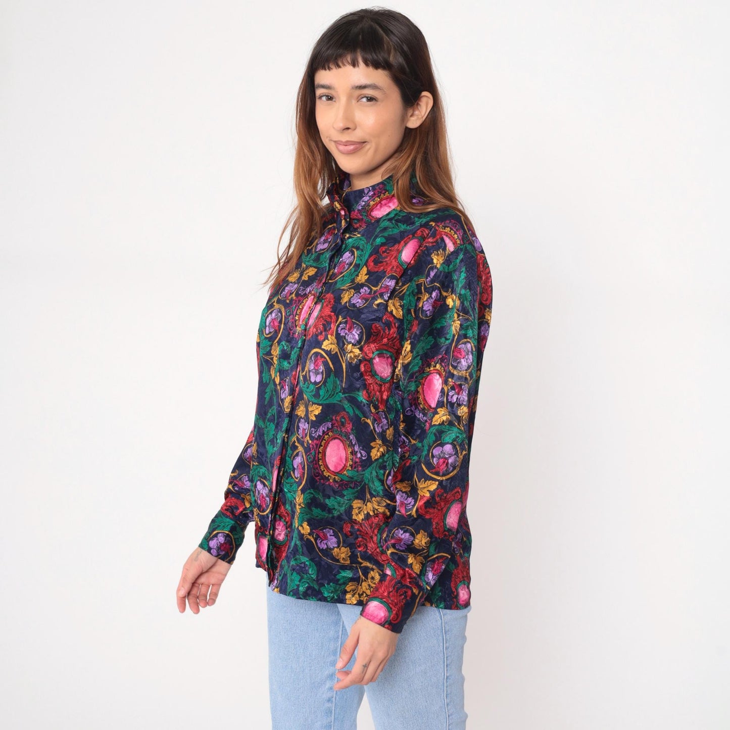 90s Tess Baroque Print Blouse Navy Gold Medallion Long Sleeve Large L