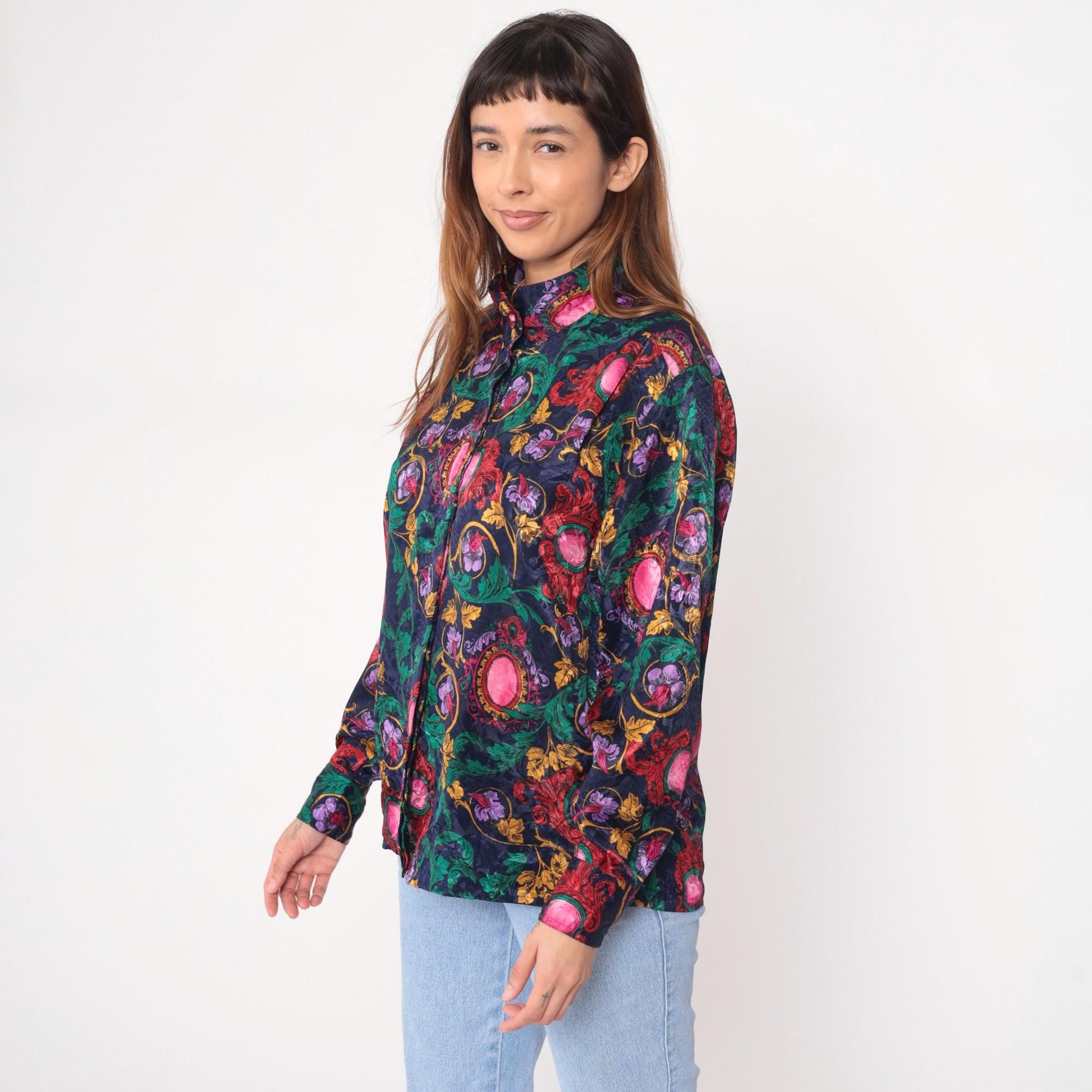 90s Tess Baroque Print Blouse Navy Gold Medallion Long Sleeve Large L