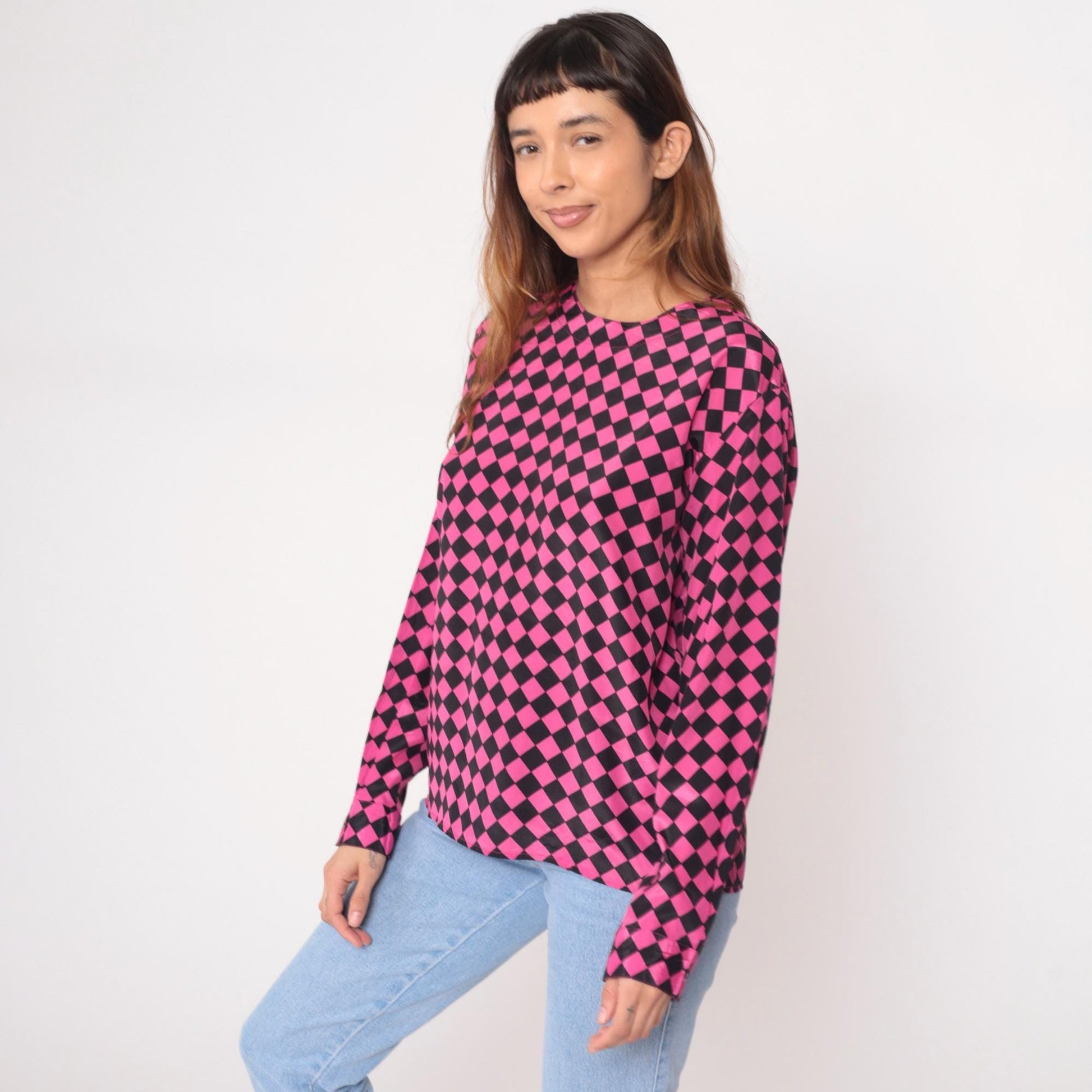 90s Checkerboard Blouse Pink Black Diamond Pattern Keyhole Back Large