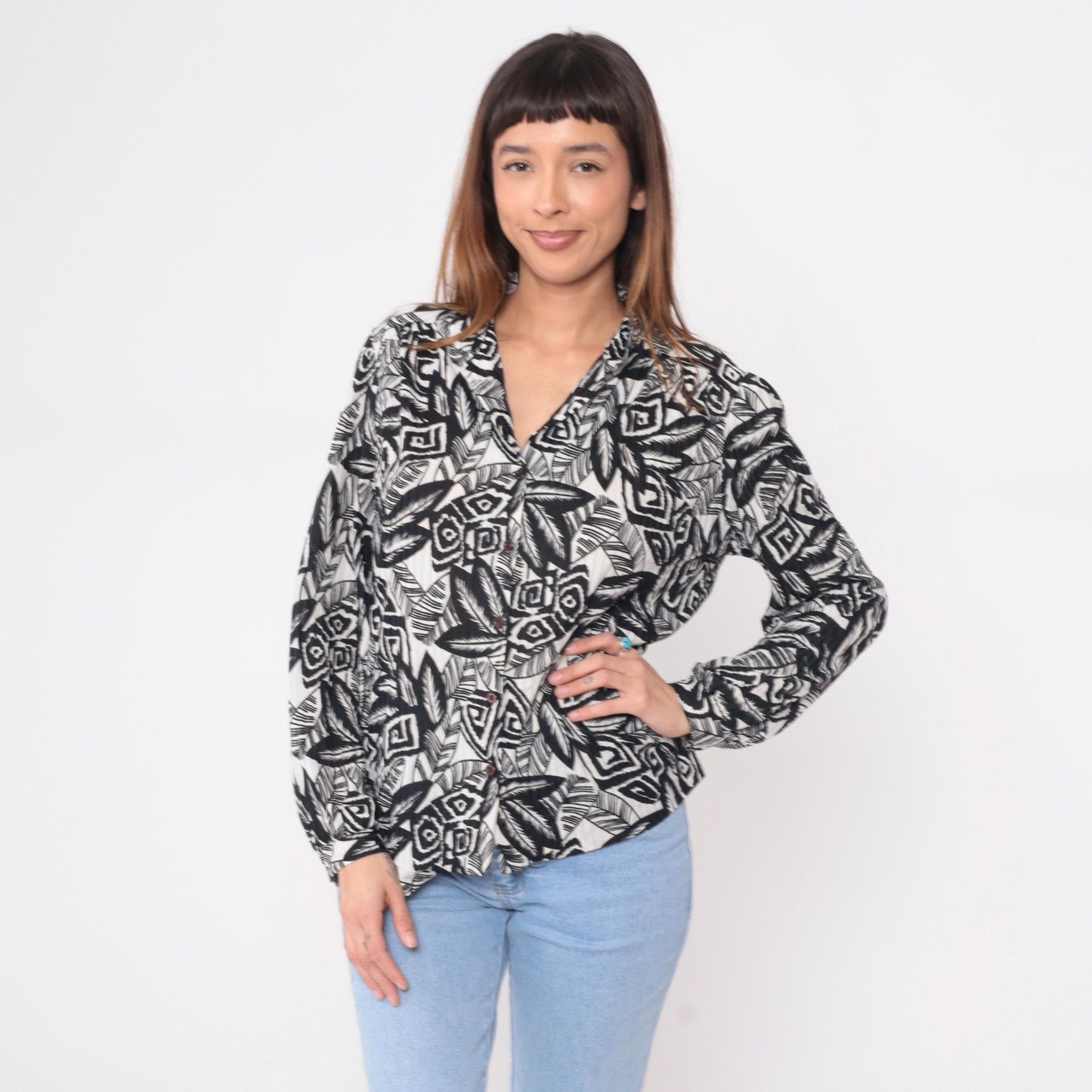90s Black White Abstract Geometric Blouse Long Sleeve Button Front Large L