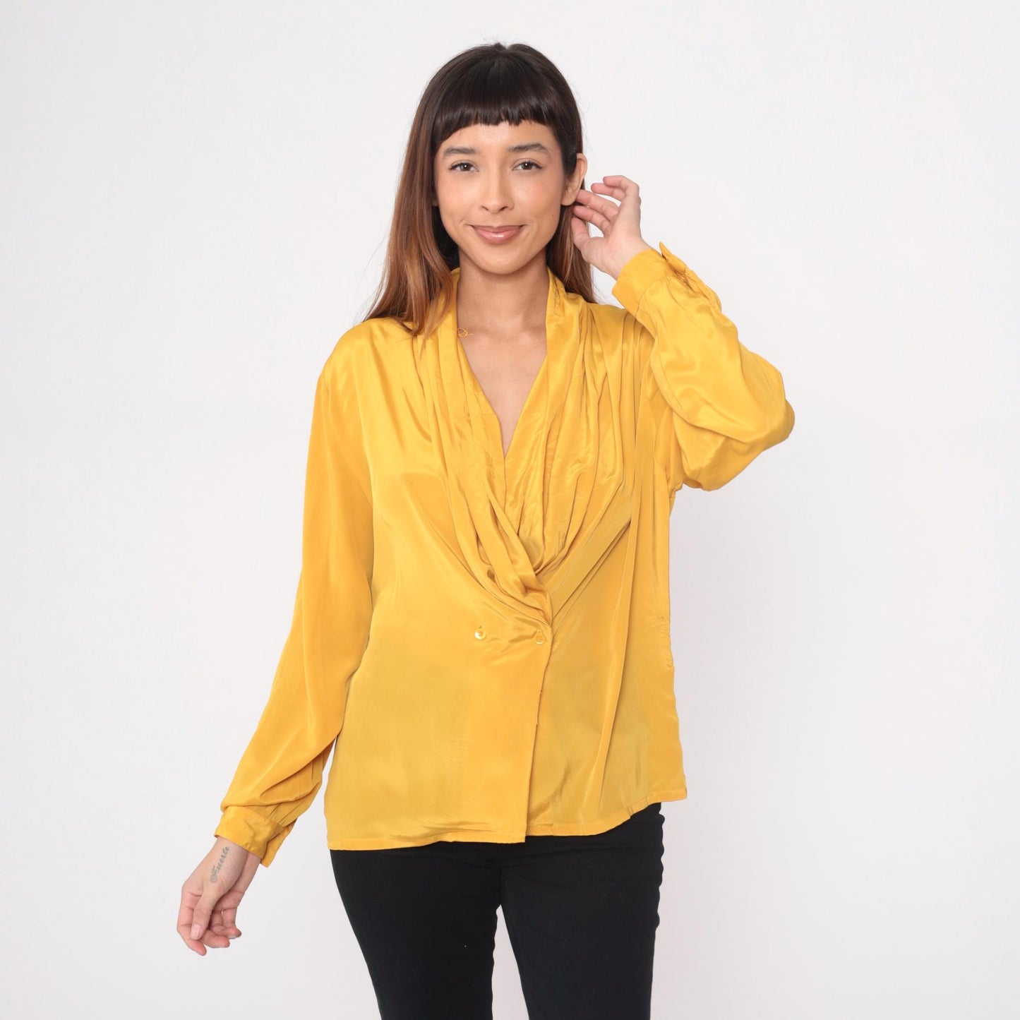 90s Impressions Golden Yellow Wrap Blouse Surplice Neckline Long Sleeve Large L