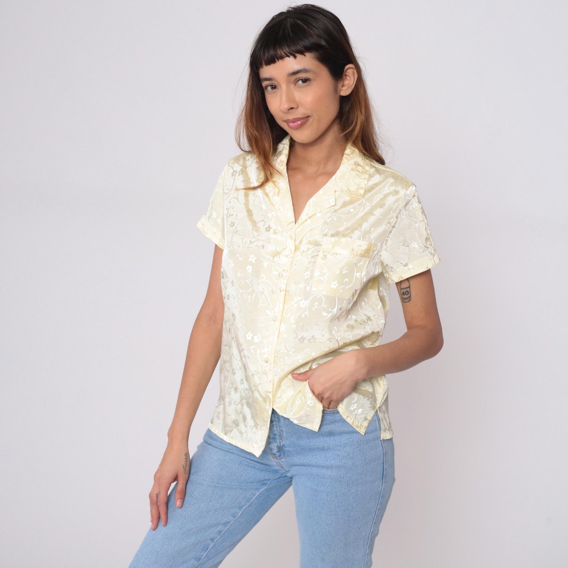 90s Cinema Etoile Cream Floral Button Blouse Short Sleeve Medium M