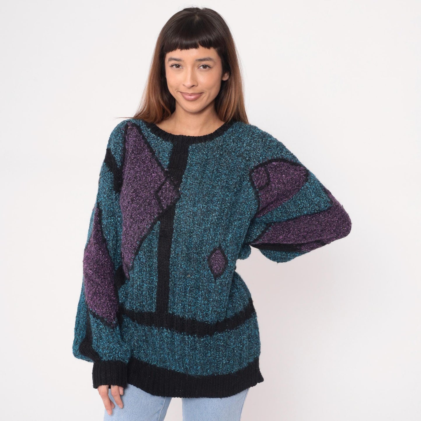 90s Geometric Knit Sweater Teal Purple Black Angular Pattern Crewneck Medium M