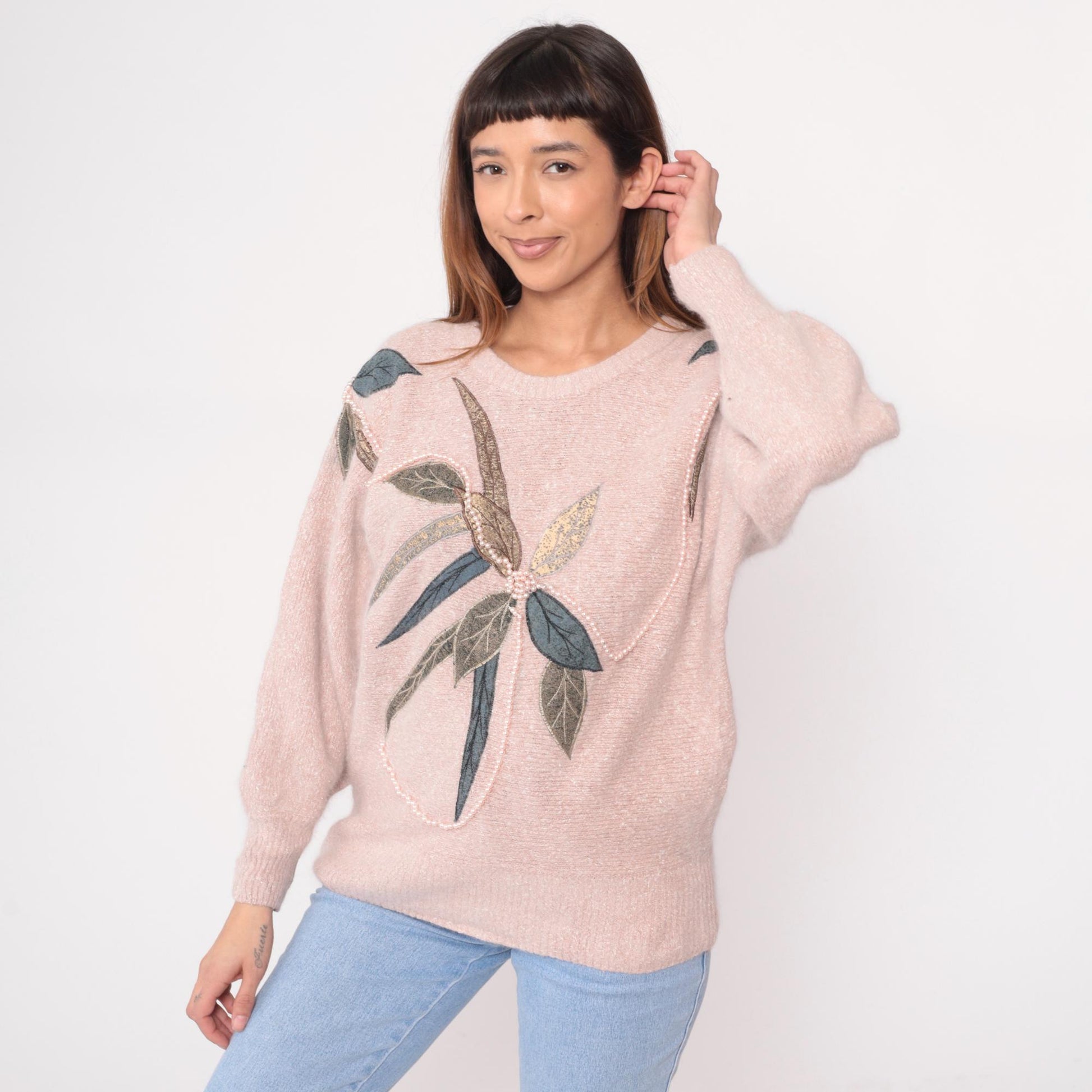 80s Belldini Pink Sweater Leaf Appliqué Beaded Knit Medium M