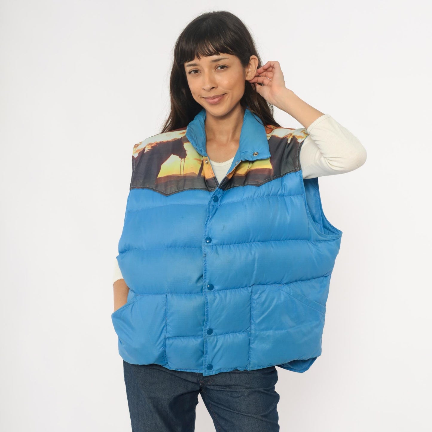 70s Western Sunset Puffer Vest Blue Down Quilted Snap Front Extra Large XL