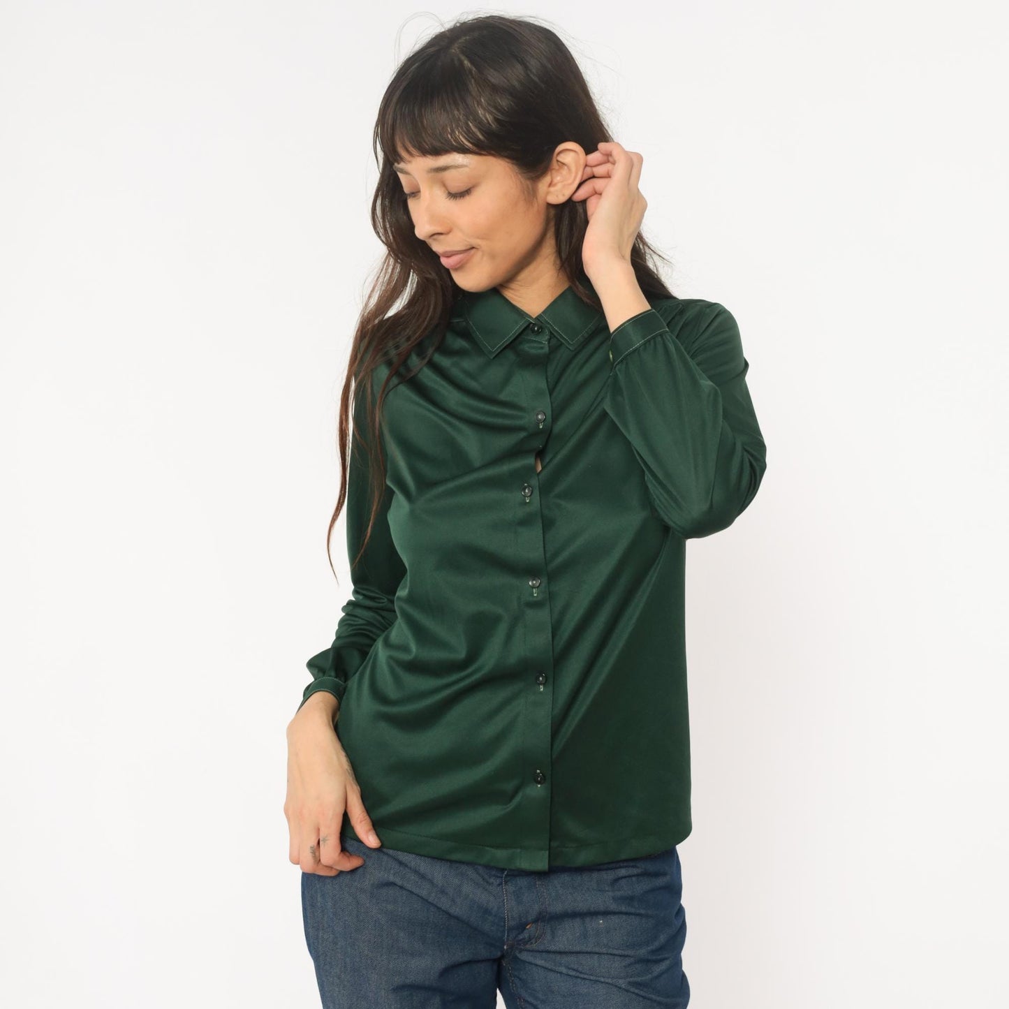 70s Forest Green Button-Front Blouse Long Sleeve Pointed Collar Medium M