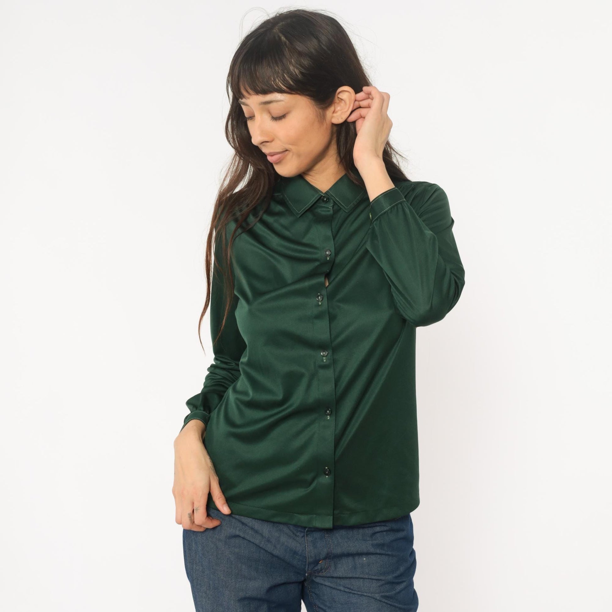 70s Forest Green Button-Front Blouse Long Sleeve Pointed Collar Medium M