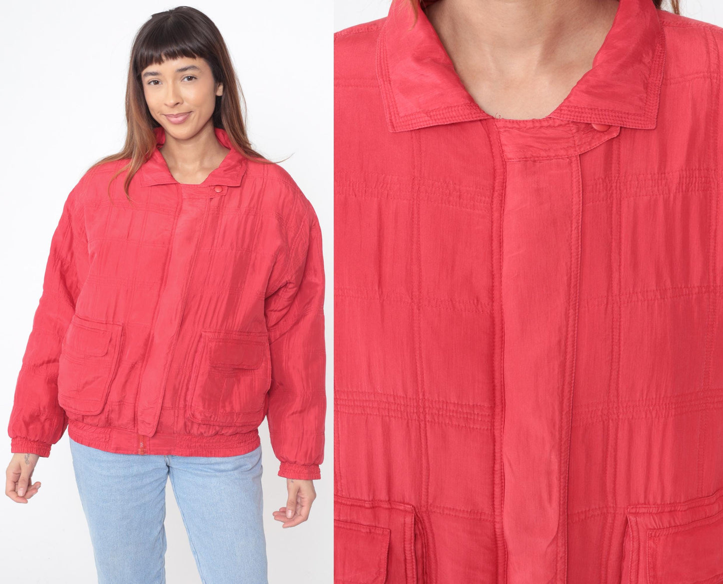 90s Javon Red Silk Bomber Jacket Quilted Zip Front Medium M