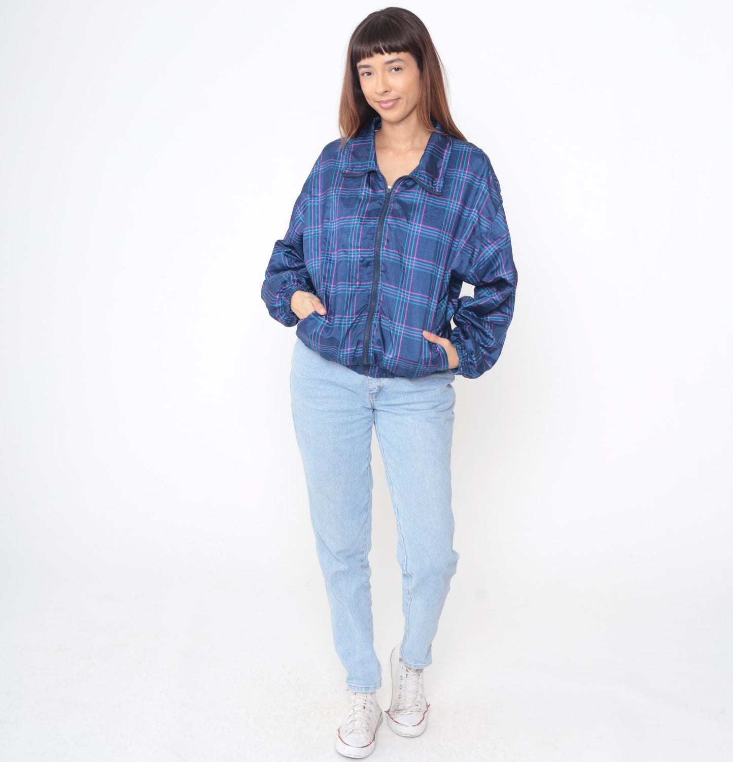90s Pro Spirit Plaid Windbreaker Navy Blue Pink Turquoise Medium
