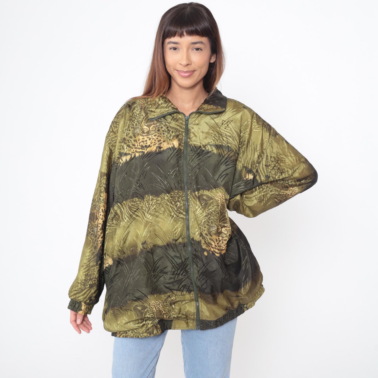 90s Leopard Print Windbreaker Jacket Jungle Safari Green Brown Tan Extra Large XL