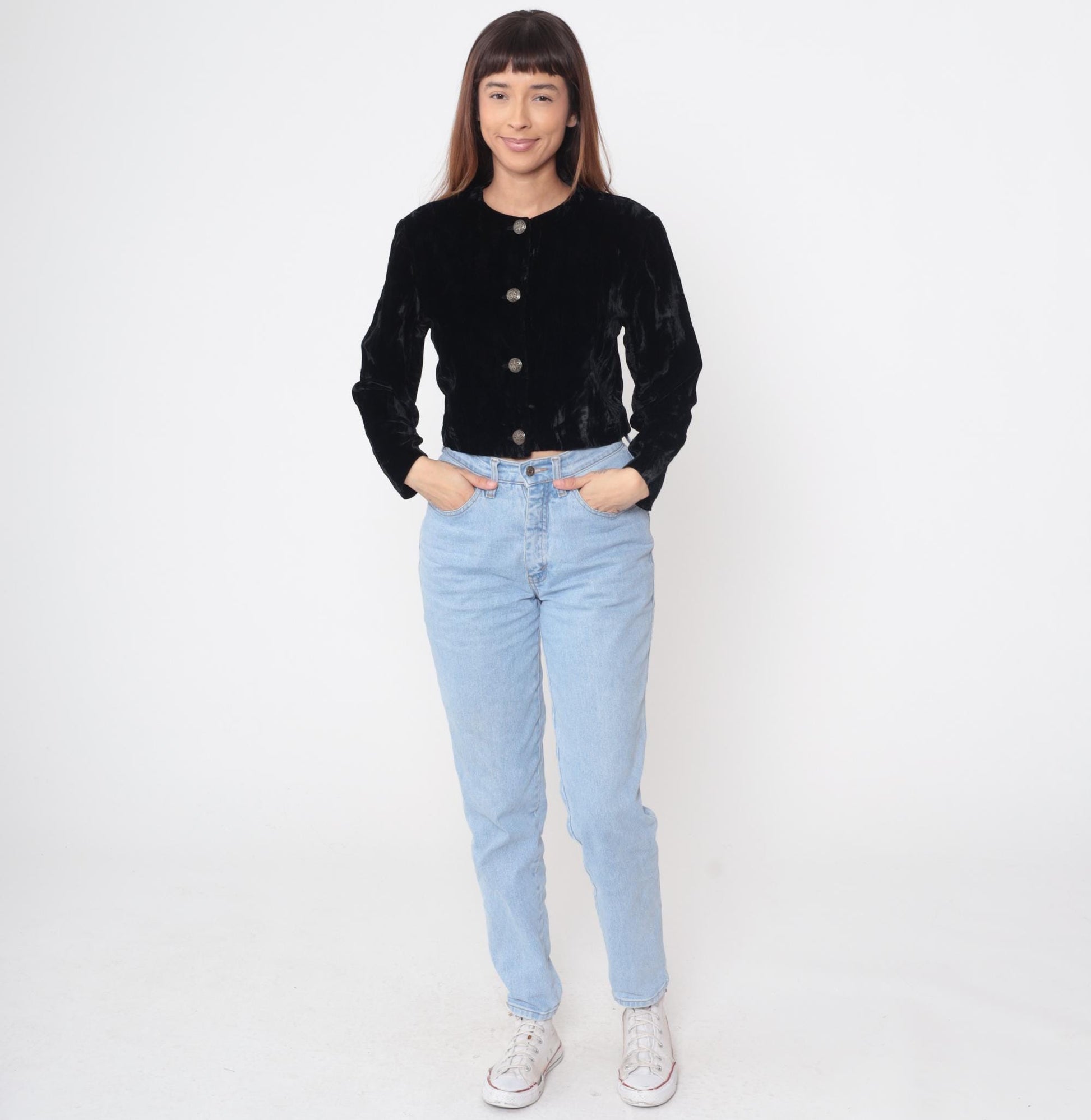 90s Black Velvet Cropped Jacket Button Front Round Neck Small S