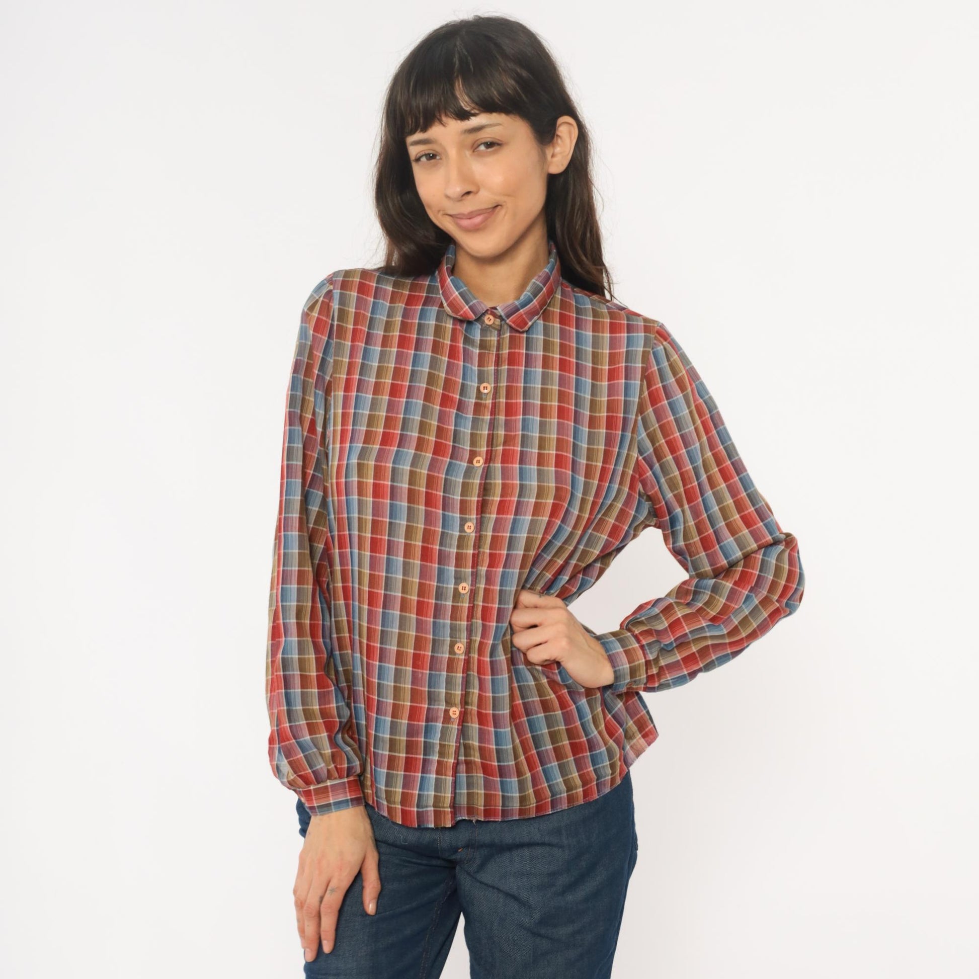 80s West Coast Connection Plaid Button Down Shirt Red Blue Small