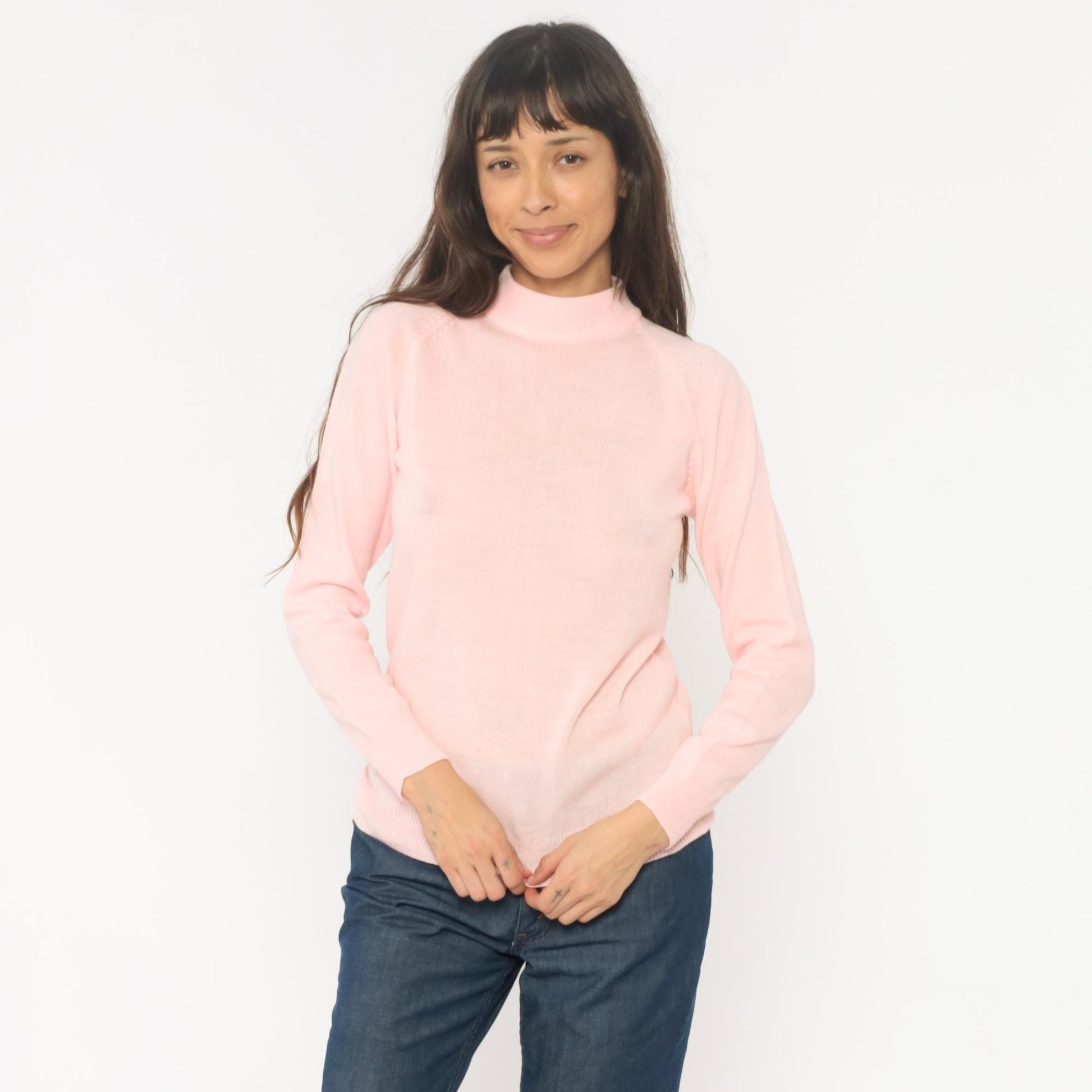 70s Pink Mock Neck Sweater Acrylic Knit Ribbed Cuffs Back Zip Small S