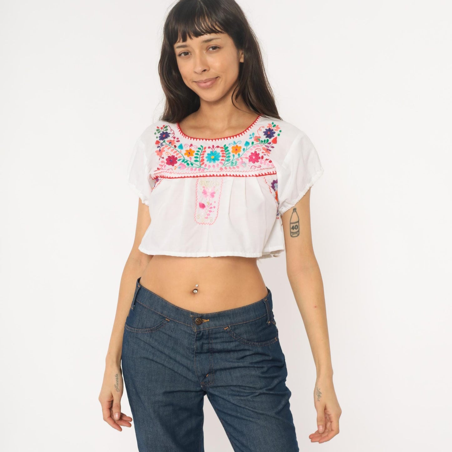 90s Mexican Embroidered Crop Top White Cotton Floral Huipil Small