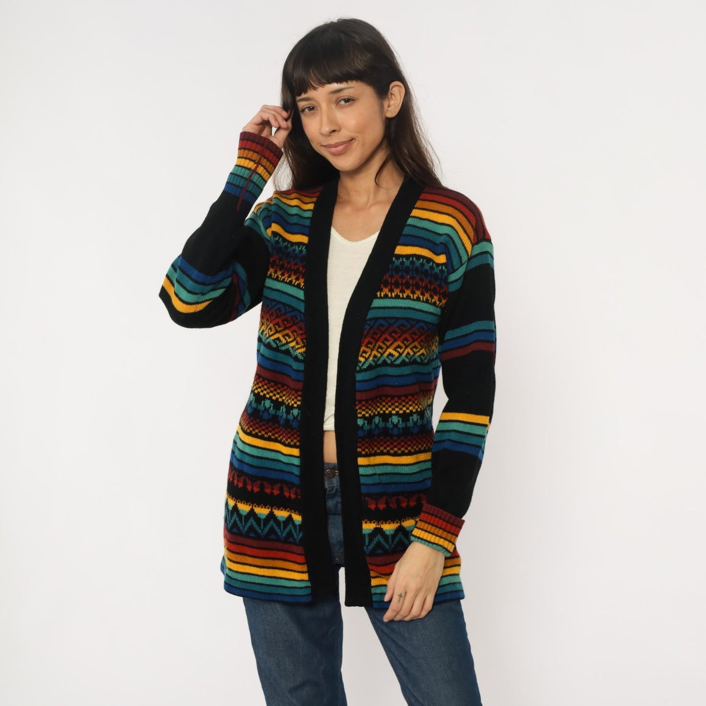 70s Black Cardigan Multicolor Striped Geometric Knit Sweater Medium M