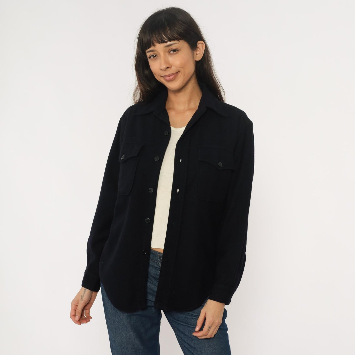 70s Dark Blue Wool CPO Shirt Button Front Pointed Collar Large