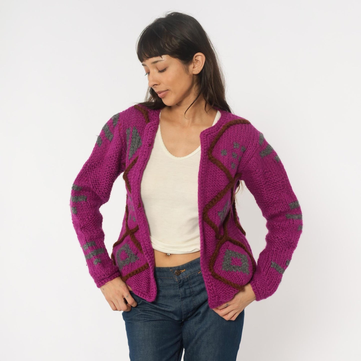90s Purple Argyle Cardigan Wool Blend Chunky Knit Diamond Pattern Small