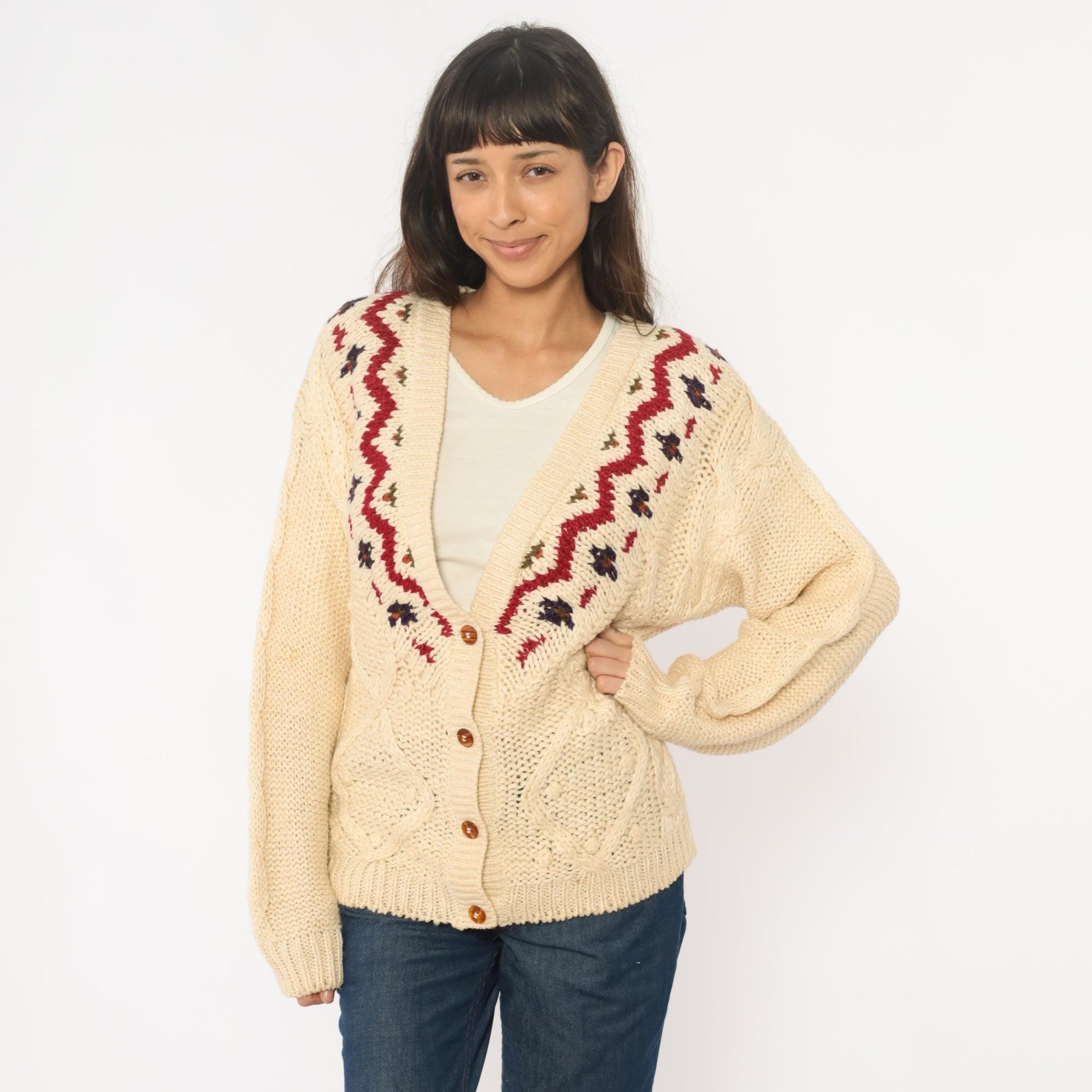 90s Fair Isle Cardigan Cream Cable Knit Button Front Nordic Pattern Medium M