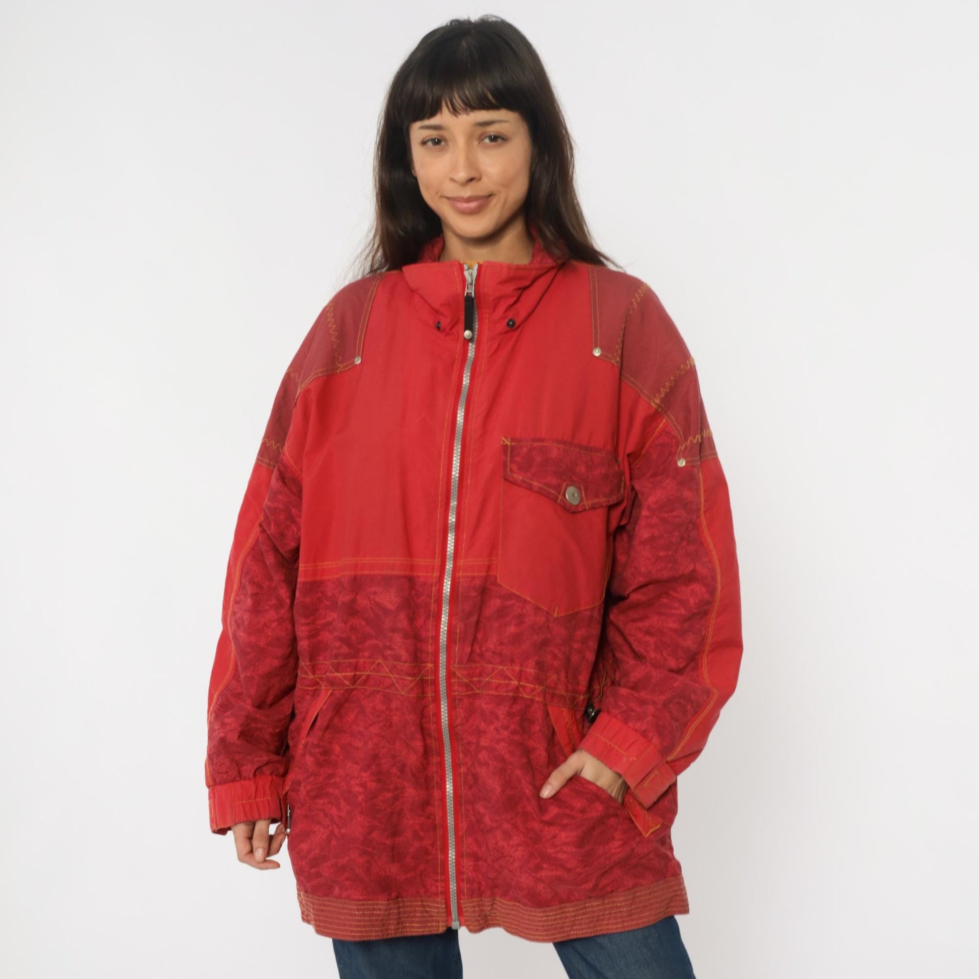 80s Obermeyer Red Nylon Windbreaker Ski Jacket Colour-Block Extra Large XL