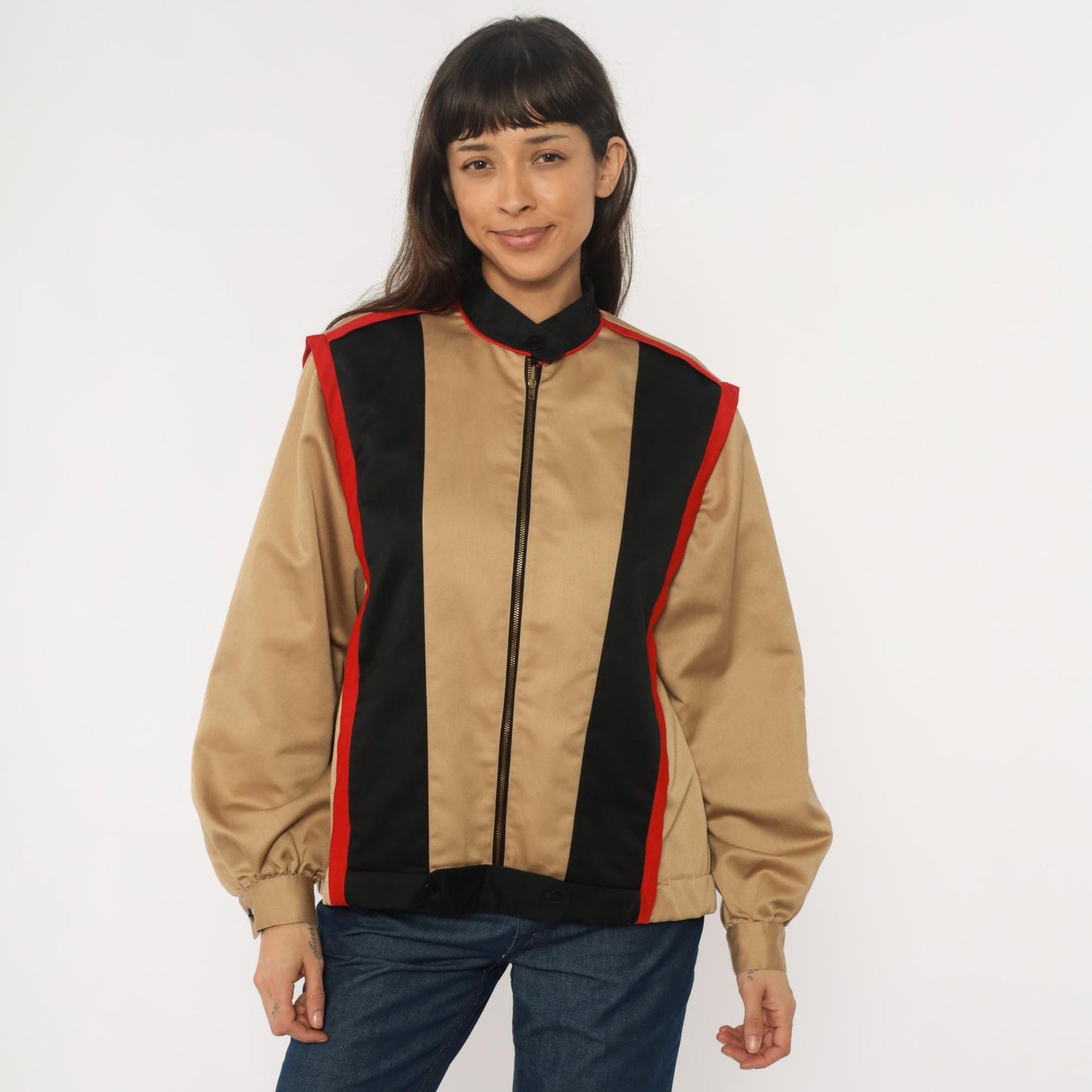 80s Sissies Windbreaker Jacket Tan Black Red Colorblock Medium