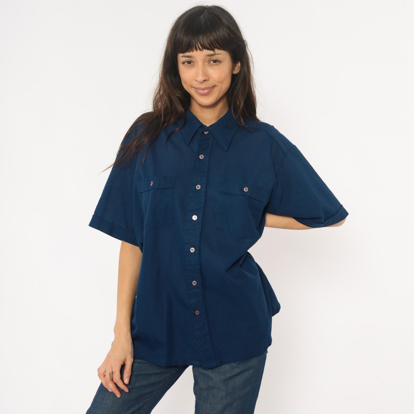 70s Navy Polyester Button-Up Shirt Short Sleeve Chest Pockets Extra Large