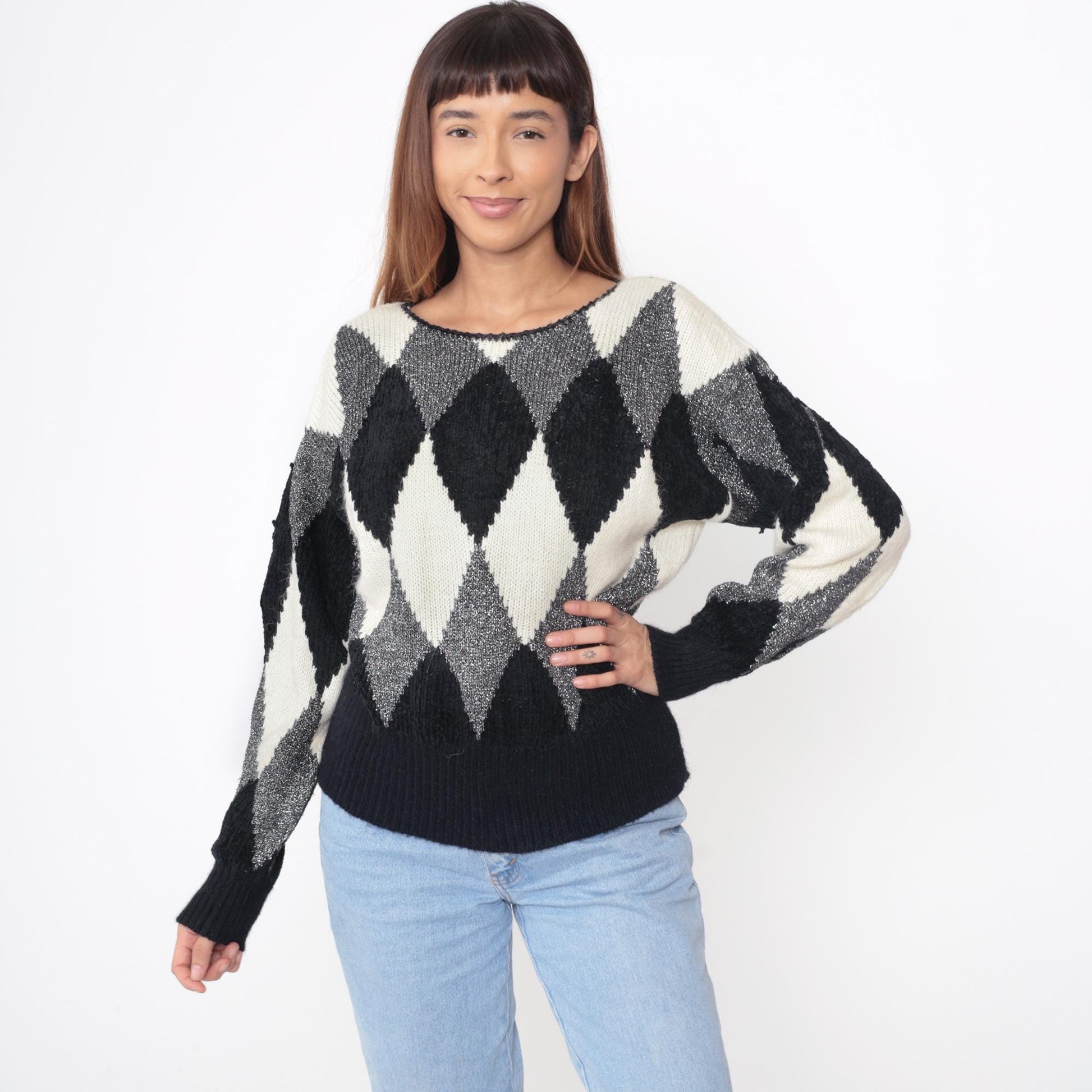 80s Liz Claiborne Diamond Harlequin Sweater Black White Metallic Medium
