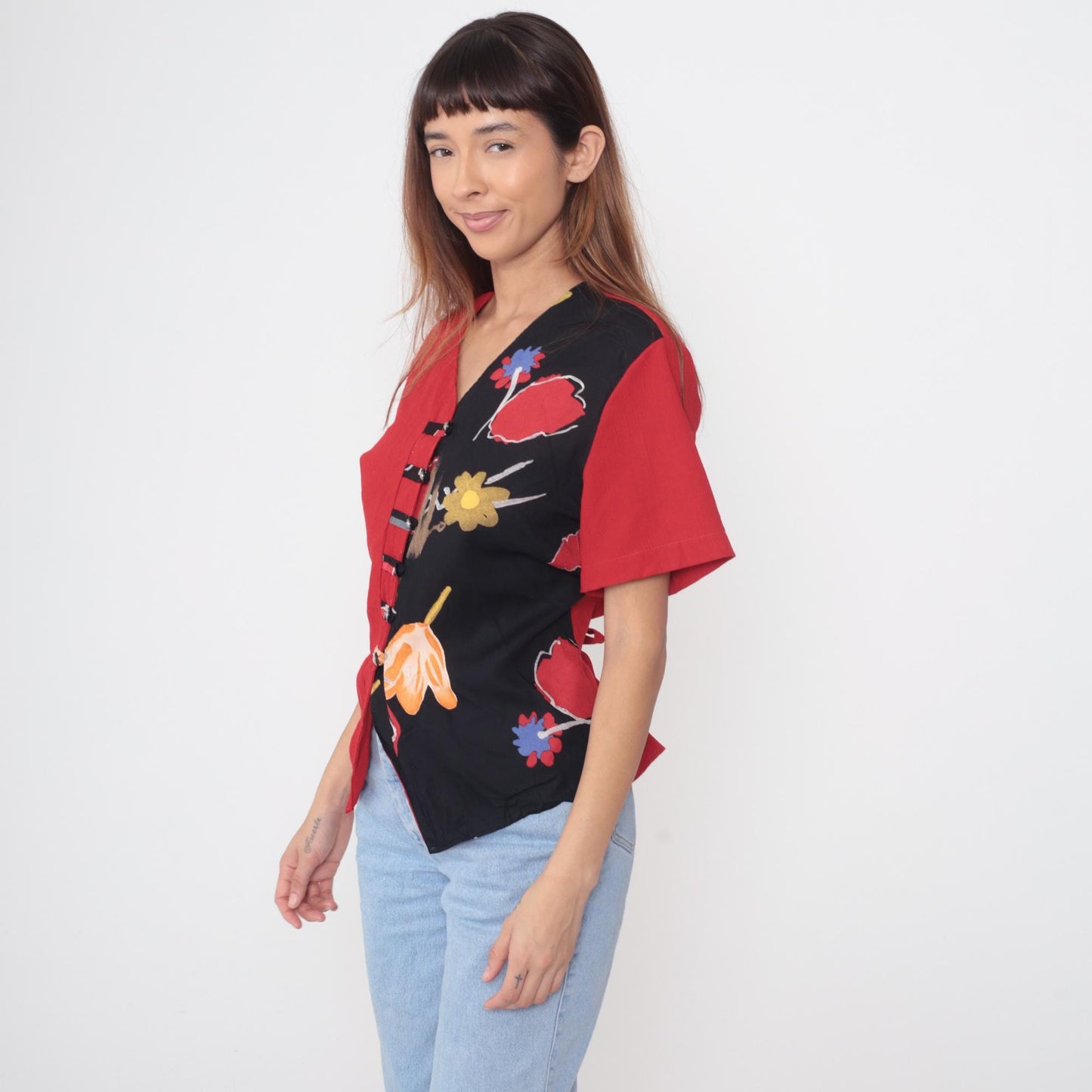 90s Cascais Floral Color Block Blouse Red Black Abstract Flowers V Neck Medium