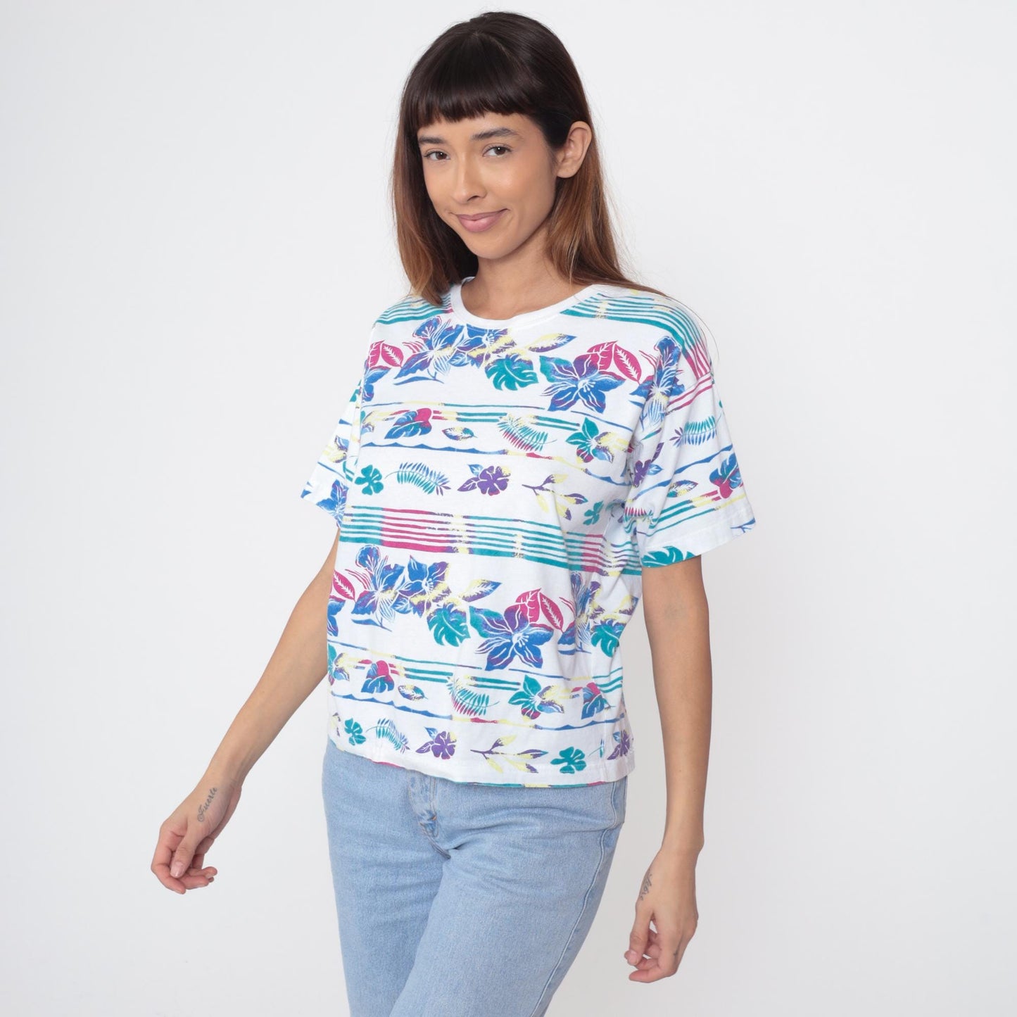 90s Victoria Jones Tropical Floral Striped Cotton Tee White Medium M